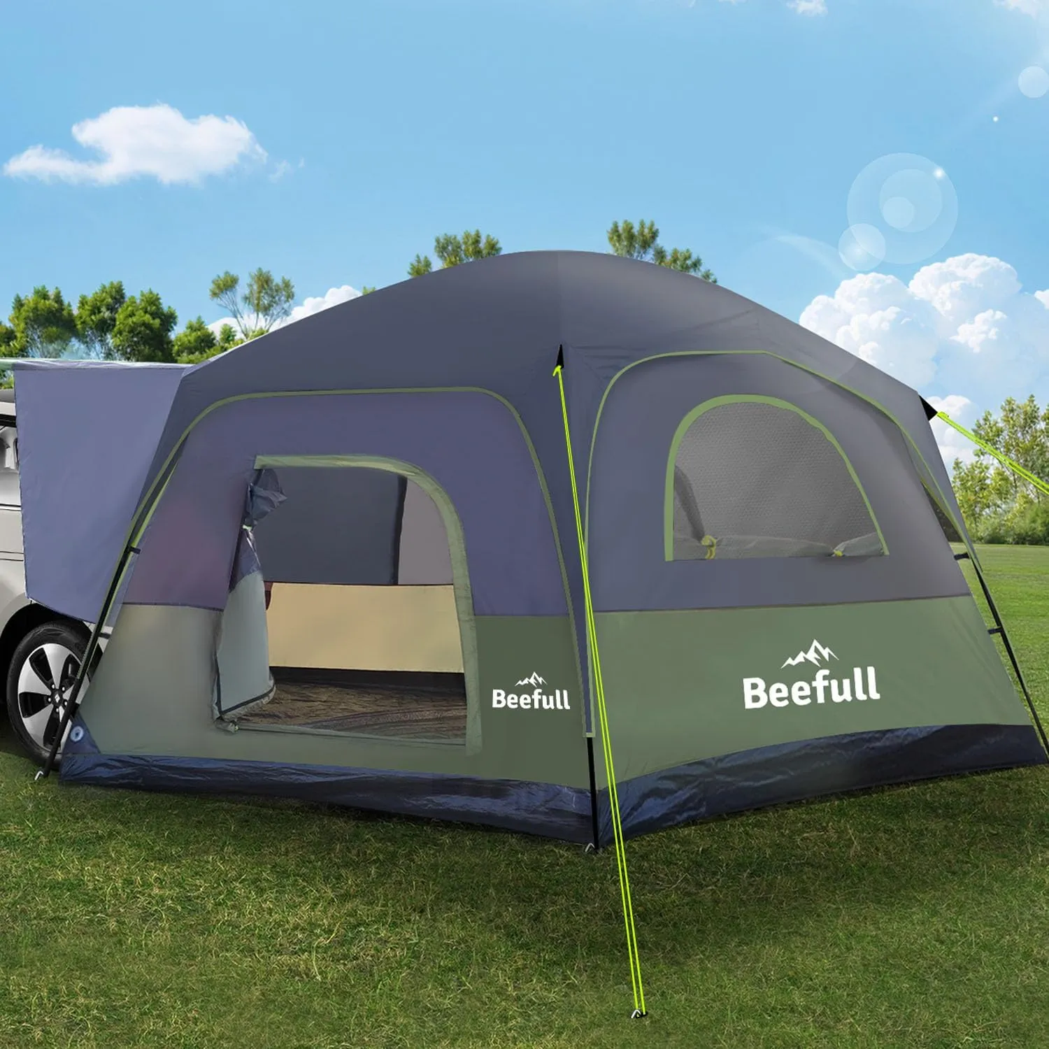 SUV Tent for Camping with Rainfly, 6-8 Person Car Camping Tent with Waterproof PU2000mm, Double Layer Design with Storage Bag, Green & Gray