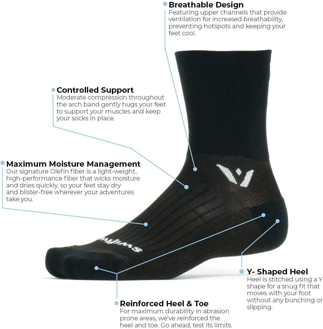 Swiftwick- PERFORMANCE Crew Cycling Socks, USA Made, Max Durabiltiy, Moisture Wicking Socks