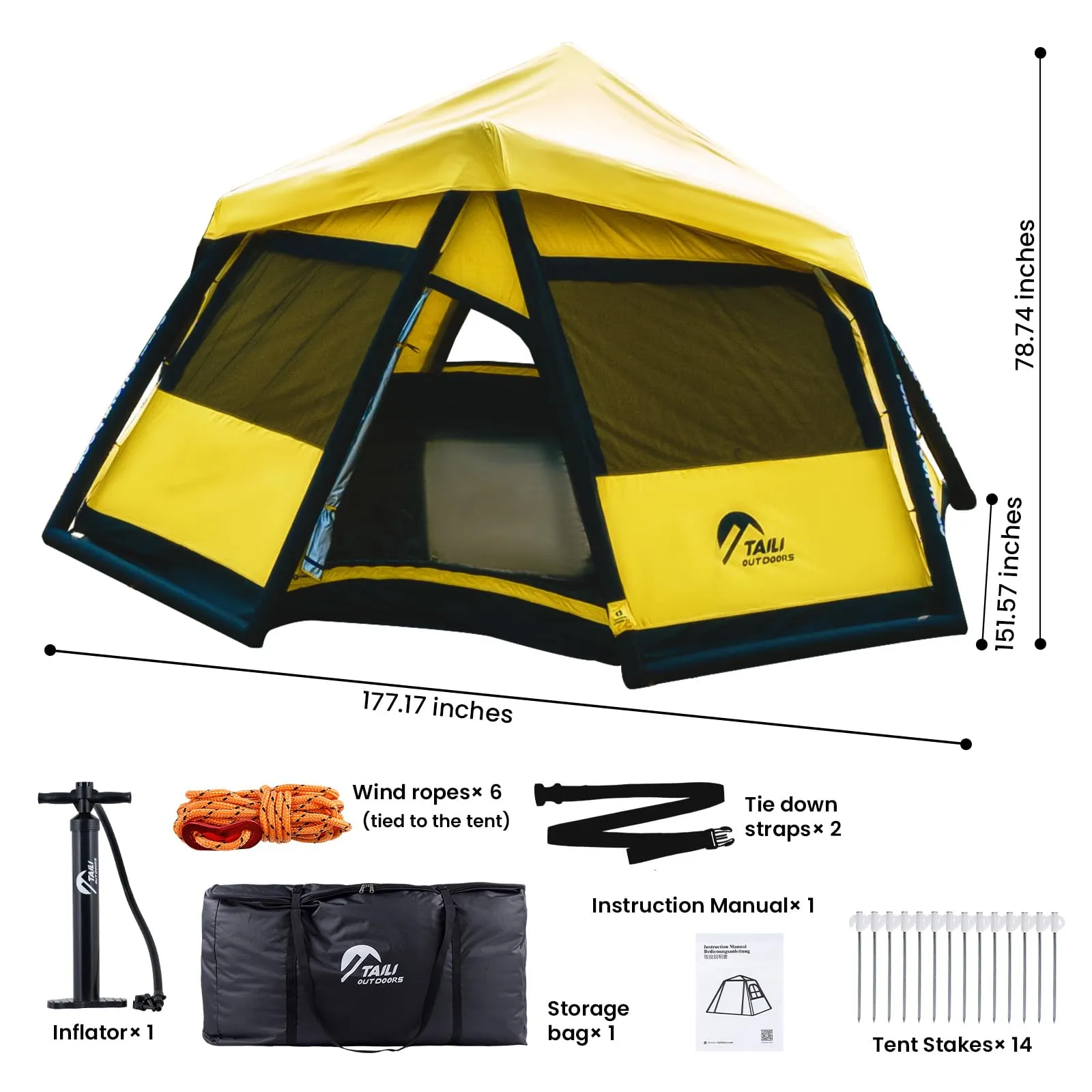 TAILI Inflatable Blow Up Tent for Camping with Hand Pump for 2/4/6/8 Person, Easy Setup Outdoor Inflatable Oxford Waterproof Air Tent House for Family Camping Adult