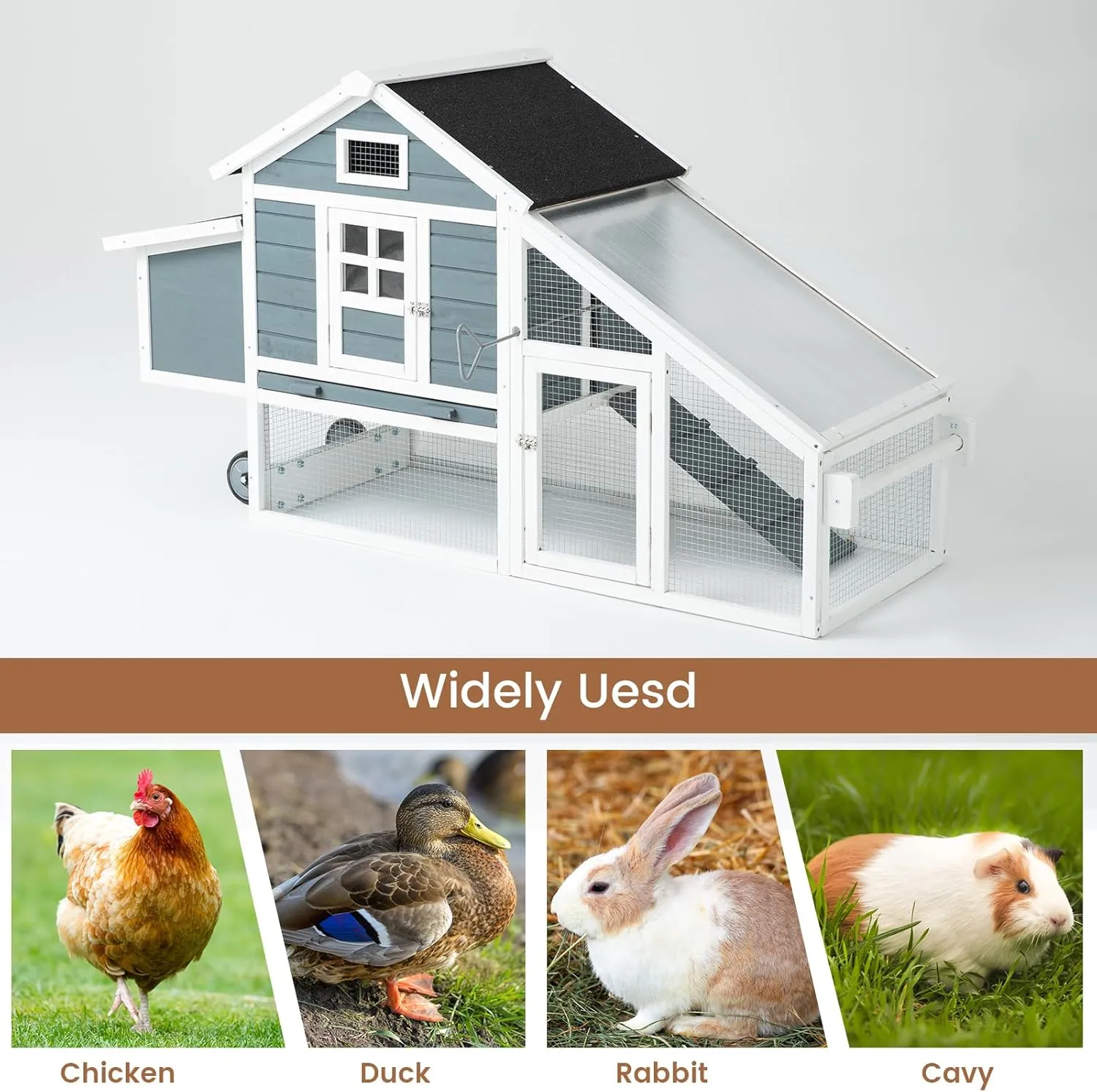 TAKUKA Outdoor Mobile Wooden Chicken Coop with Removable Run and Tray，Small Animals Rabbit Hutch with Nest Box, 2 Story Duck Quail Cage Hutch with Wheel Weatherproof for Backyard (71W*26W*39H)