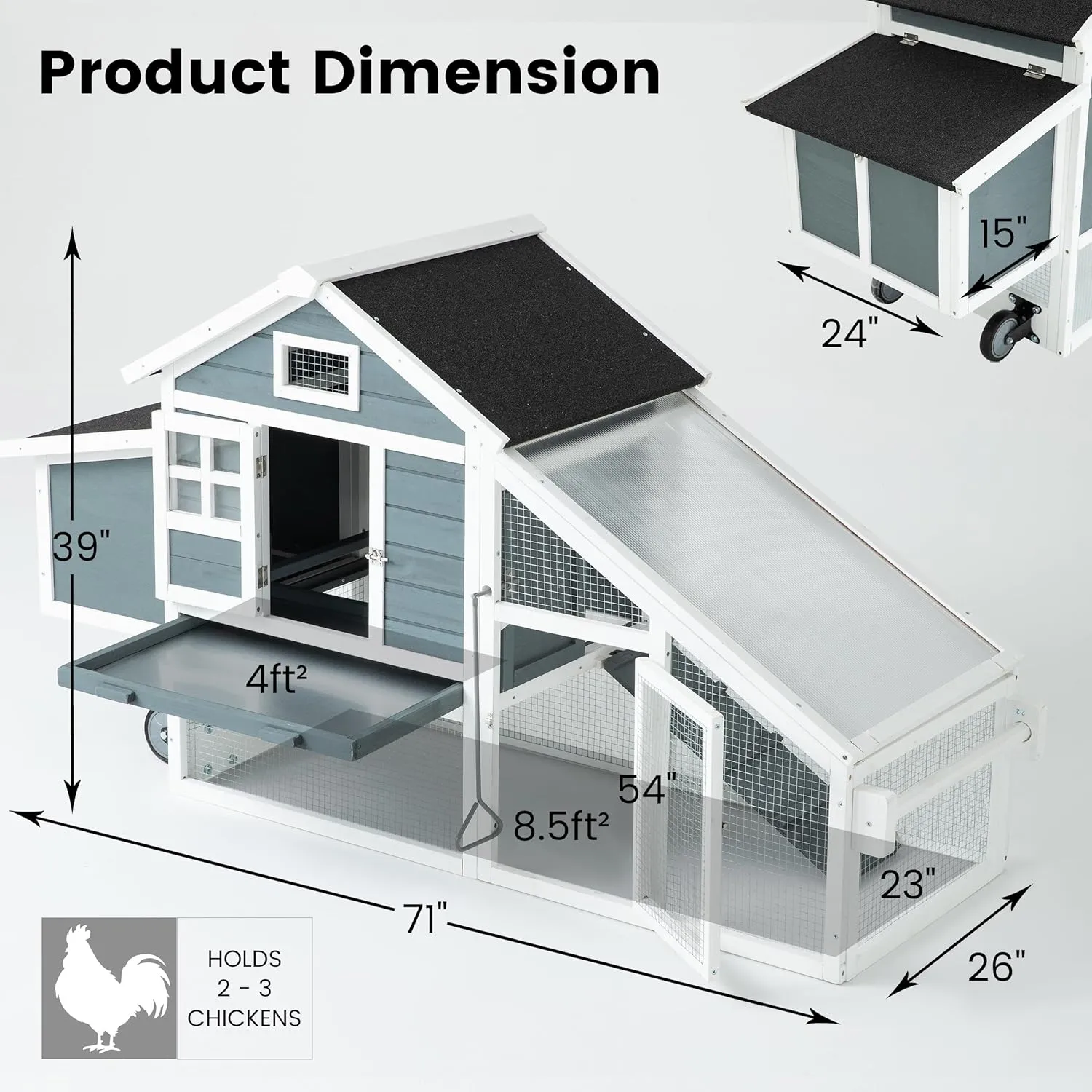 TAKUKA Outdoor Mobile Wooden Chicken Coop with Removable Run and Tray，Small Animals Rabbit Hutch with Nest Box, 2 Story Duck Quail Cage Hutch with Wheel Weatherproof for Backyard (71W*26W*39H)