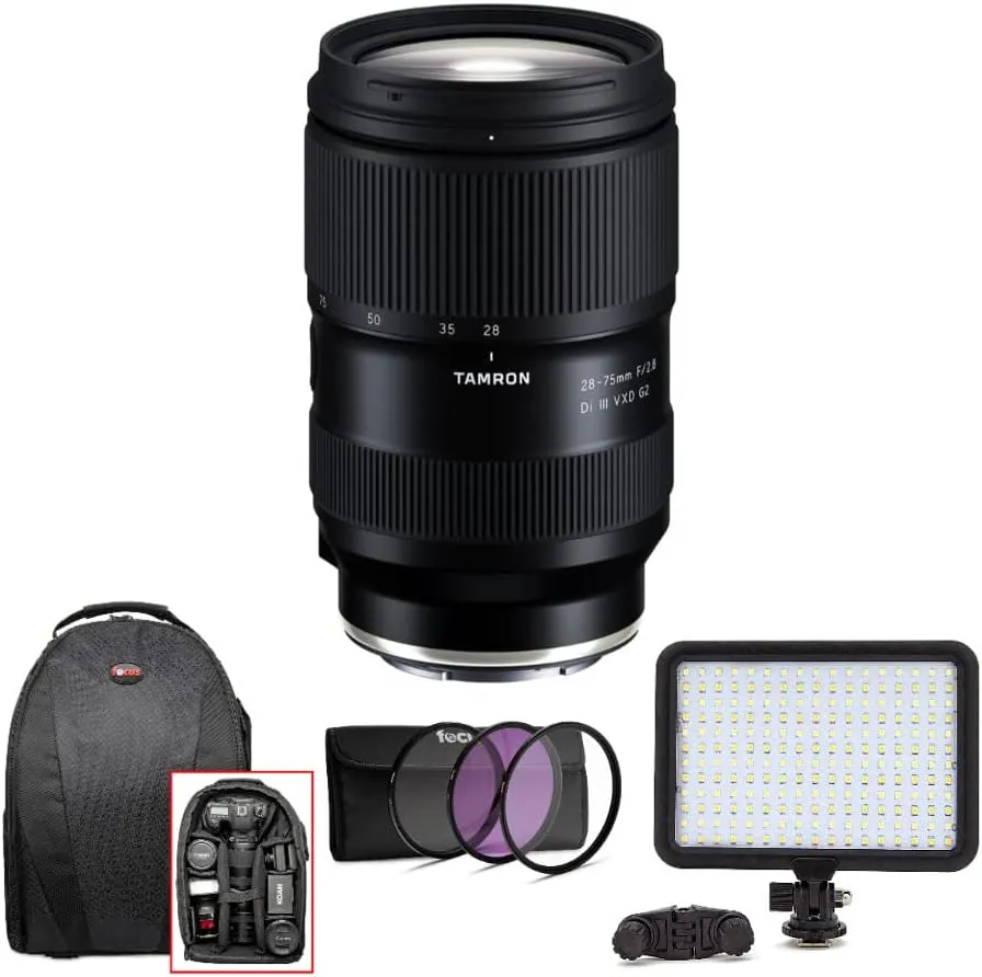 Tamron 28-75mm f/2.8 Di III VXD G2 Lens for Sony E Mount Cameras with 1400 Lumens LED Video Light, Photo & Video Backpack, 3 Piece Lens Filter Kit