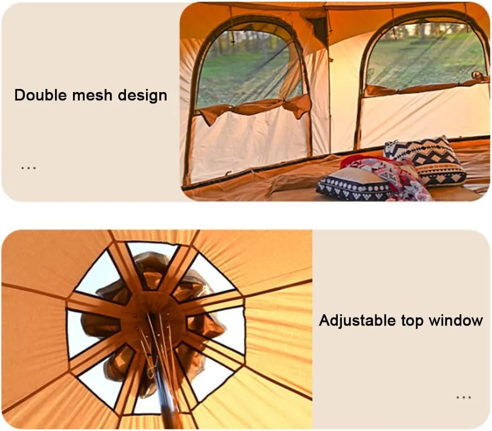 Teepee Camping Tent Cotton Tent Pyramid Yurt Tent Multi-Person Family Glamping Tent Double Layer Large Waterproof Tipi Tents for 8-10 Person, 450X450X280CM, Beige