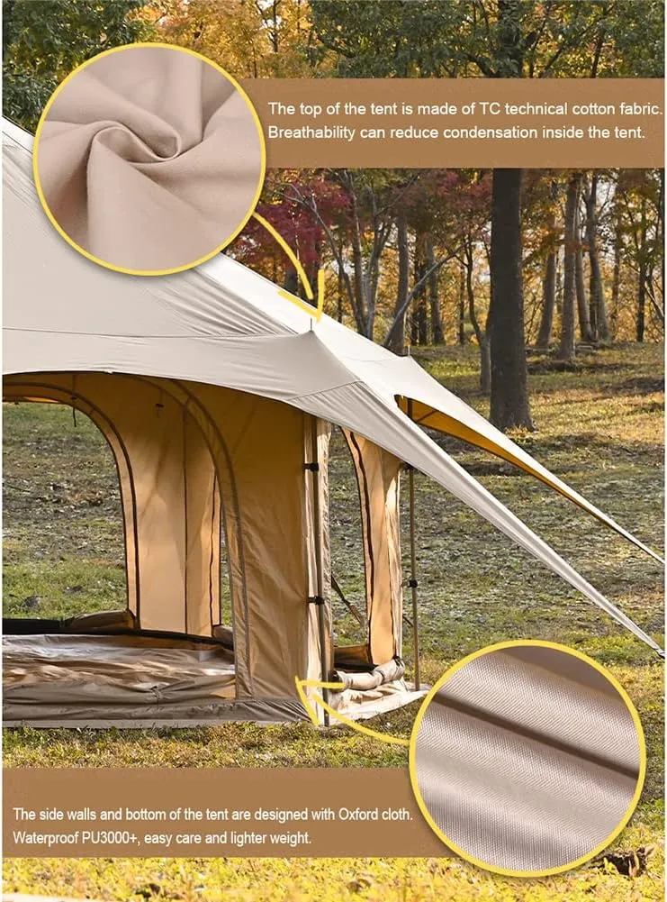 Teepee Camping Tent Cotton Tent Pyramid Yurt Tent Multi-Person Family Glamping Tent Double Layer Large Waterproof Tipi Tents for 8-10 Person, 450X450X280CM, Beige
