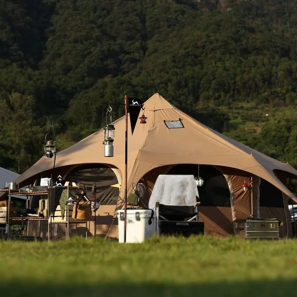 Teepee Camping Tent Cotton Tent Pyramid Yurt Tent Multi-Person Family Glamping Tent Double Layer Large Waterproof Tipi Tents for 8-10 Person, 450X450X280CM, Beige