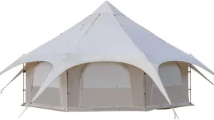 Teepee Camping Tent Cotton Tent Pyramid Yurt Tent Multi-Person Family Glamping Tent Double Layer Large Waterproof Tipi Tents for 8-10 Person, 450X450X280CM, Beige