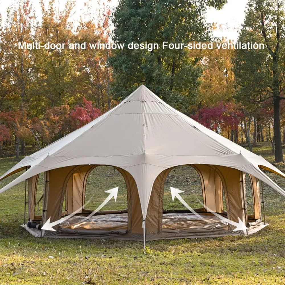 Teepee Camping Tent Cotton Tent Pyramid Yurt Tent Multi-Person Family Glamping Tent Double Layer Large Waterproof Tipi Tents for 8-10 Person, 450X450X280CM, Beige