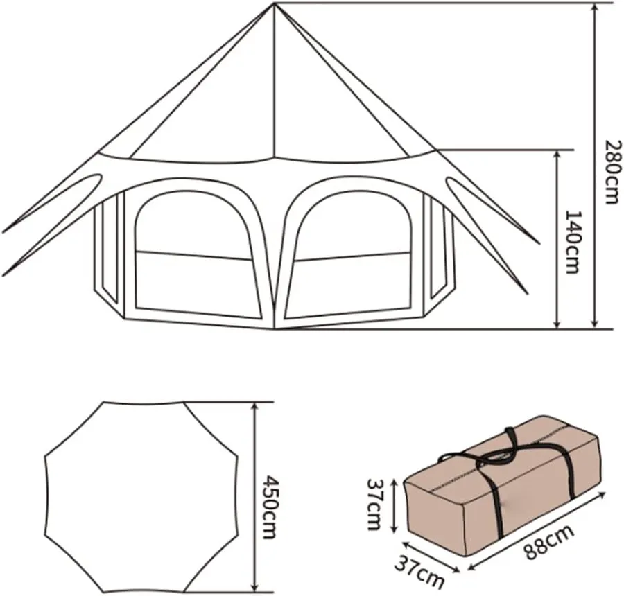 Teepee Camping Tent Cotton Tent Pyramid Yurt Tent Multi-Person Family Glamping Tent Double Layer Large Waterproof Tipi Tents for 8-10 Person, 450X450X280CM, Beige