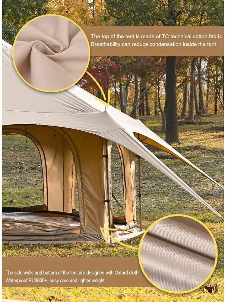 Teepee Cotton Tent Pyramid Yurt Tent Multi-PersoFamily Glamping Tent Double Layer Large Waterproof Tipi Tents for 8-10 Person Beautiful Scenery, 450X450X280CM, Beige