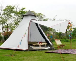 Teepee Waterproof Double Layers Outdoor Tent Thickened Camping Family Tent Pyramids Indian Tent with Fixed Groundsheet Suitable for Wild Camping and Hunting (Brown) (White)