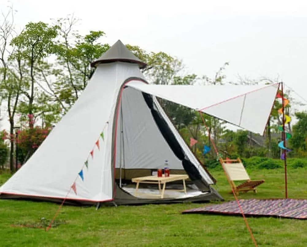 Teepee Waterproof Double Layers Outdoor Tent Thickened Camping Family Tent Pyramids Indian Tent with Fixed Groundsheet Suitable for Wild Camping and Hunting (Brown) (White)
