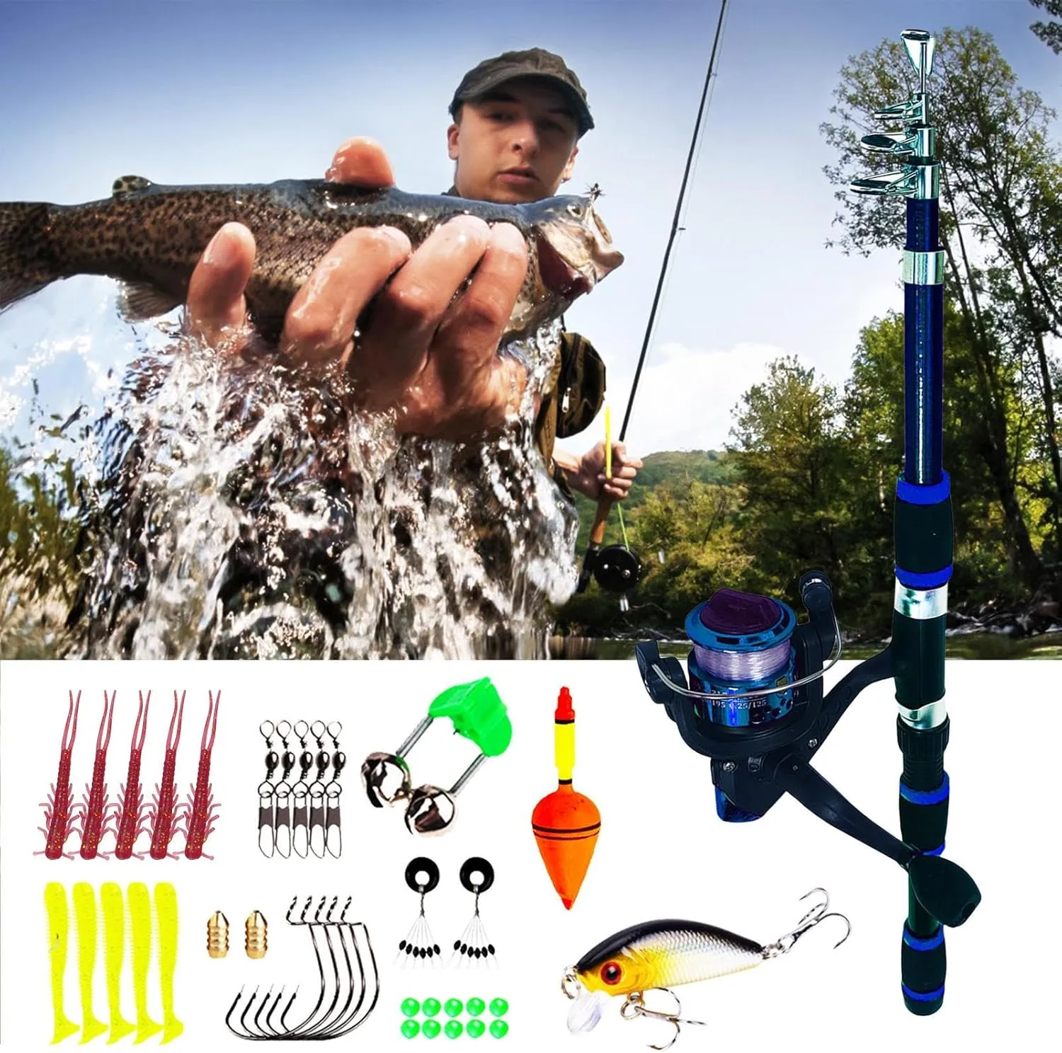 Telescopic Fishing Rod and Reel Combos Set, Fishing Poles with Reel Kit - Telescopic Fishing and Spinning Reels Kit, Sea Saltwater Freshwater Fishing Rod Kit