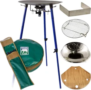 TEMBOTUSK The Ultimate Skottle grill cooking system kit based on the South African braai pan with Accessory Kit, 3 Piece, Lid, Steam Tray, Wind Guard and Leg Table