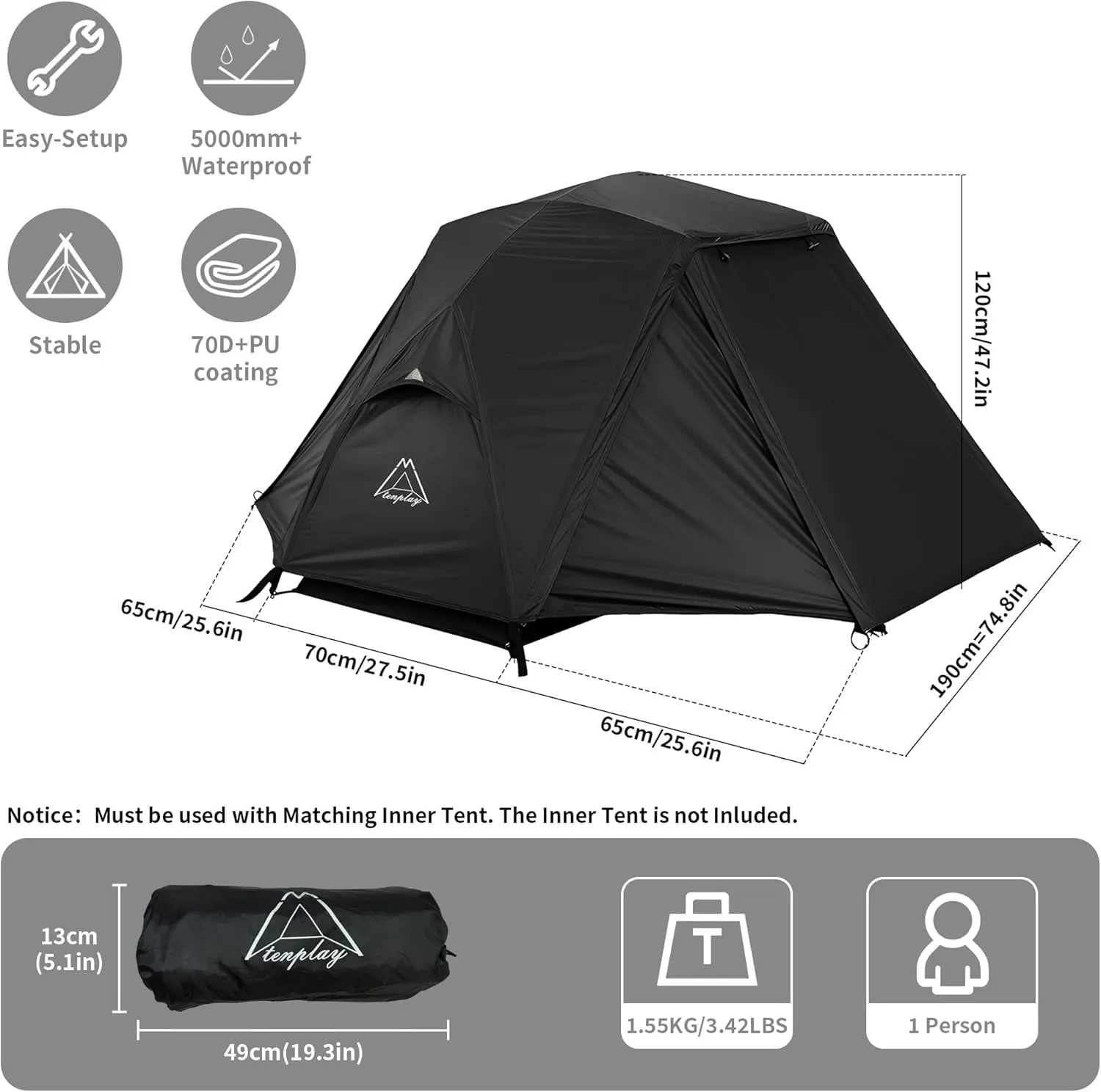 TENPLAY 1-Person Cot Tent Flysheet,Must be Used with Matching Inner Tent, Lightweight,Waterproof, Sun Protection,Nylon, Easy Setup,Expandable Rainfly for Camping, Hiking, Backpacking, Picnics