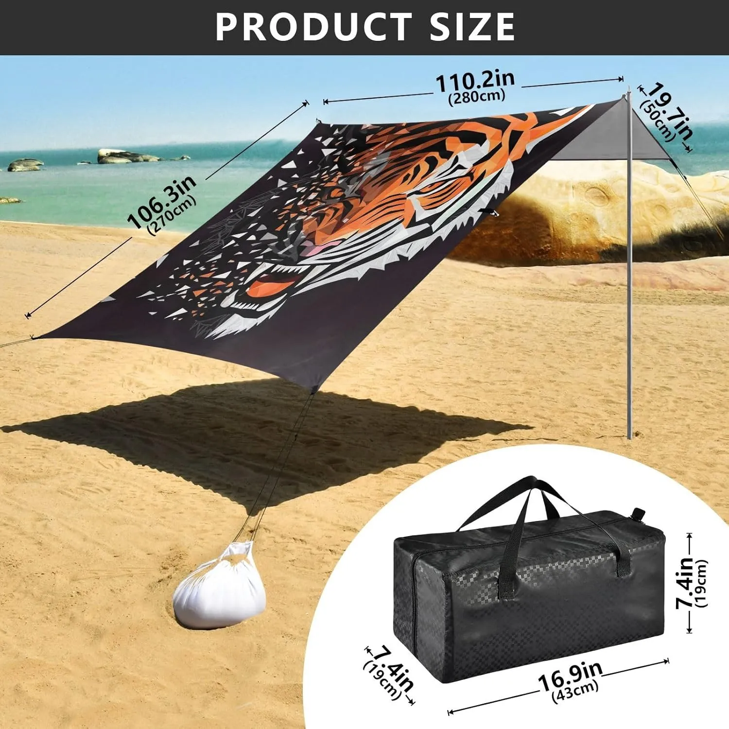Tent Beach Canopy Outdoor Patio Shade Cute Outside Camping Sun Shelter Yard with Anchor Poles Easy up Waterproof 9.2 × 10.5 FT Cool Tiger Head Black