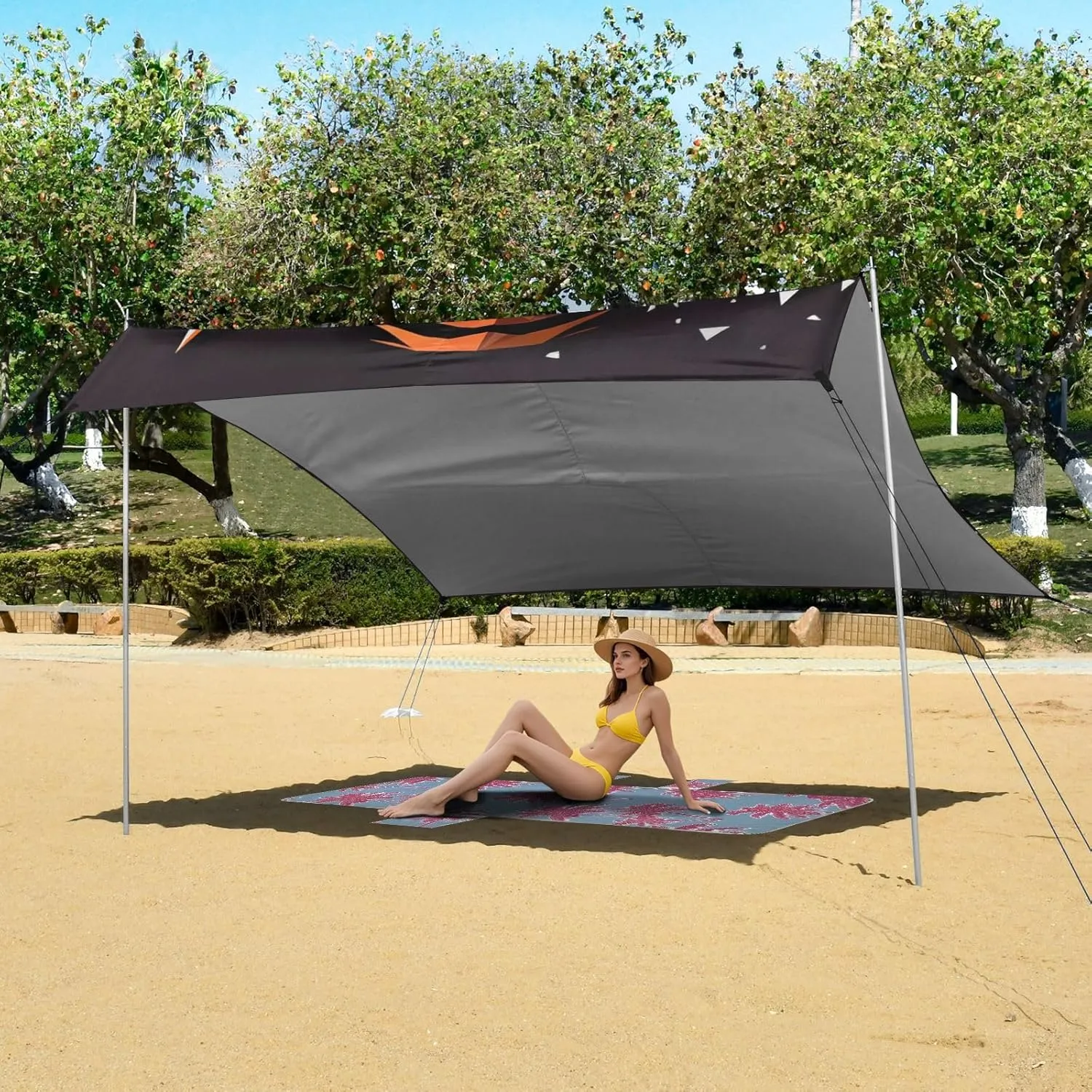 Tent Beach Canopy Outdoor Patio Shade Cute Outside Camping Sun Shelter Yard with Anchor Poles Easy up Waterproof 9.2 × 10.5 FT Cool Tiger Head Black