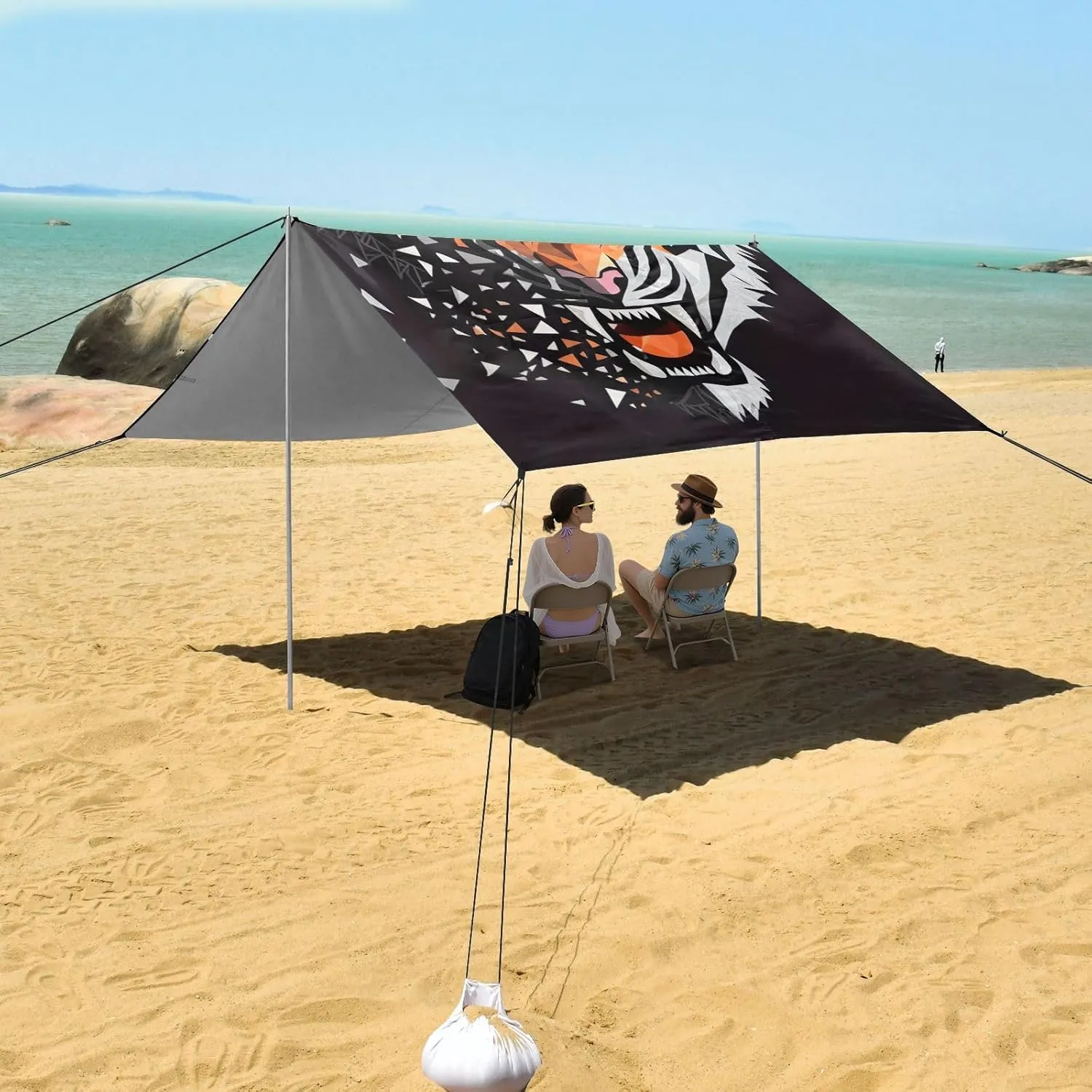 Tent Beach Canopy Outdoor Patio Shade Cute Outside Camping Sun Shelter Yard with Anchor Poles Easy up Waterproof 9.2 × 10.5 FT Cool Tiger Head Black