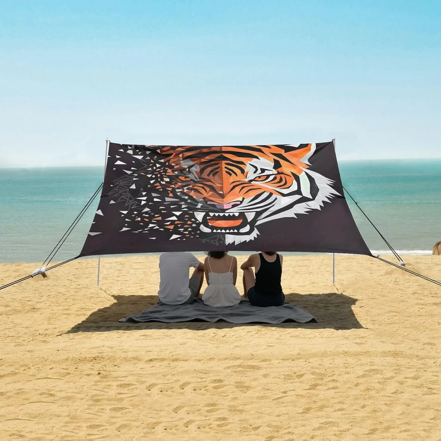 Tent Beach Canopy Outdoor Patio Shade Cute Outside Camping Sun Shelter Yard with Anchor Poles Easy up Waterproof 9.2 × 10.5 FT Cool Tiger Head Black