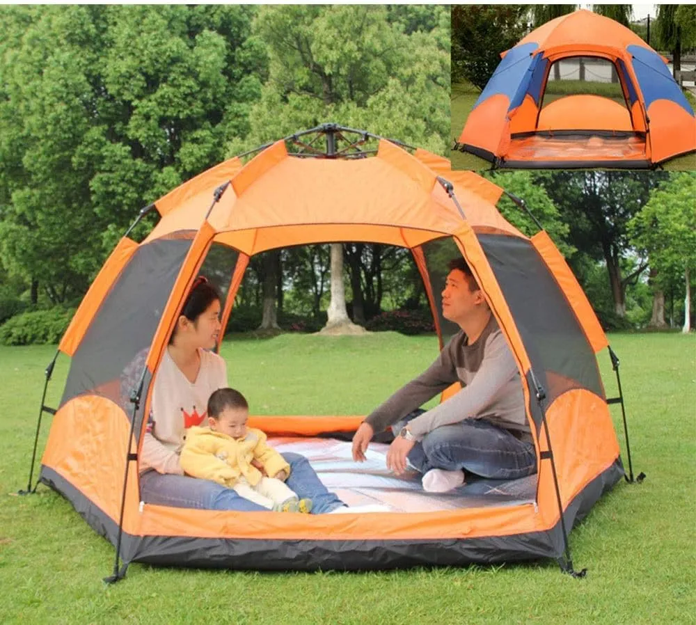 Tent Large Tent Camping Outing Rainproof Hexagonal Automatic Tent Outdoor 3-4 People 5-8 People Multi-Person Double-Layer Camping Tent (Orange A) (Orange A)