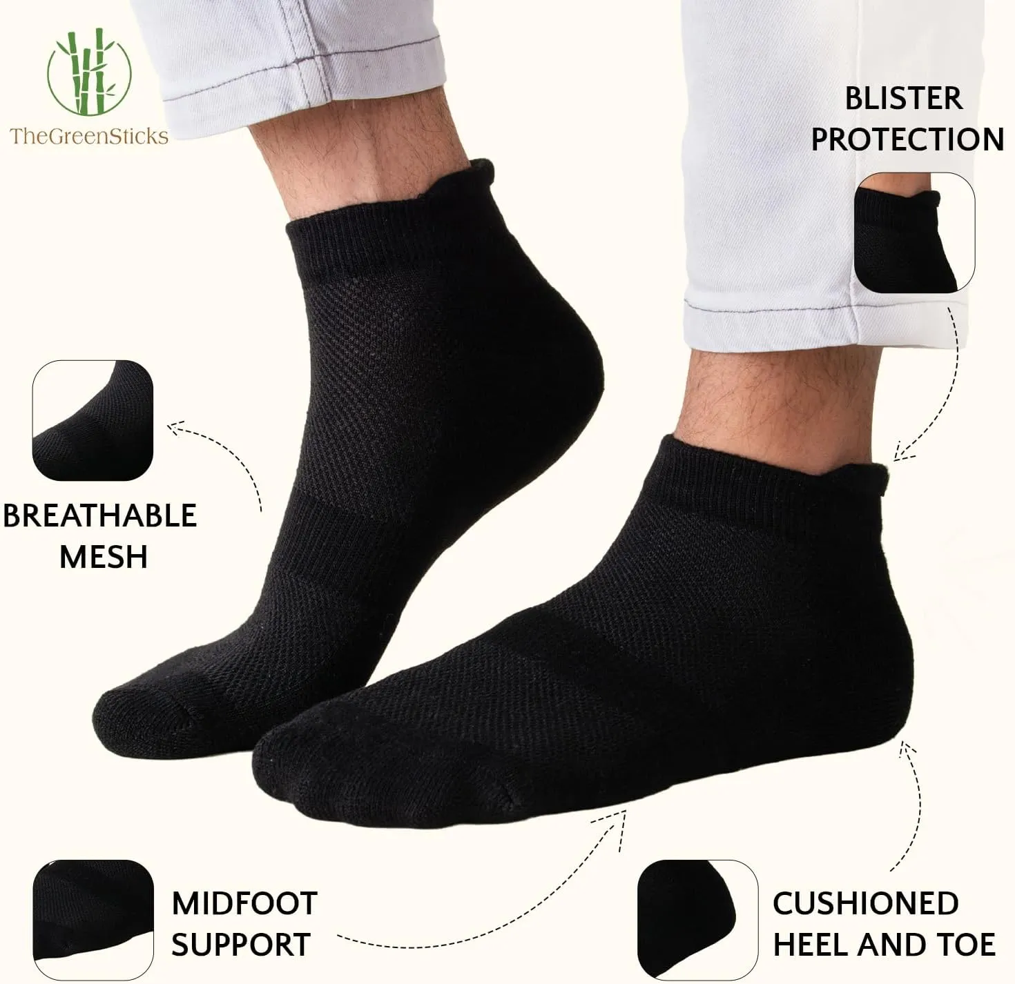 TheGreenSticks Thick Diabetic Ankle Socks - Walking, Yoga, Running- Rayon Derived From Bamboo Socks for Women & Men [6 Pairs]