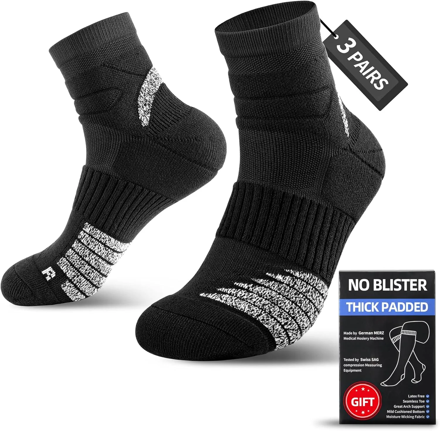 Thick Athletic Basketball Quarter Socks (3 Pairs) - Padded Running Socks with Ankle Protection and Max Cushion