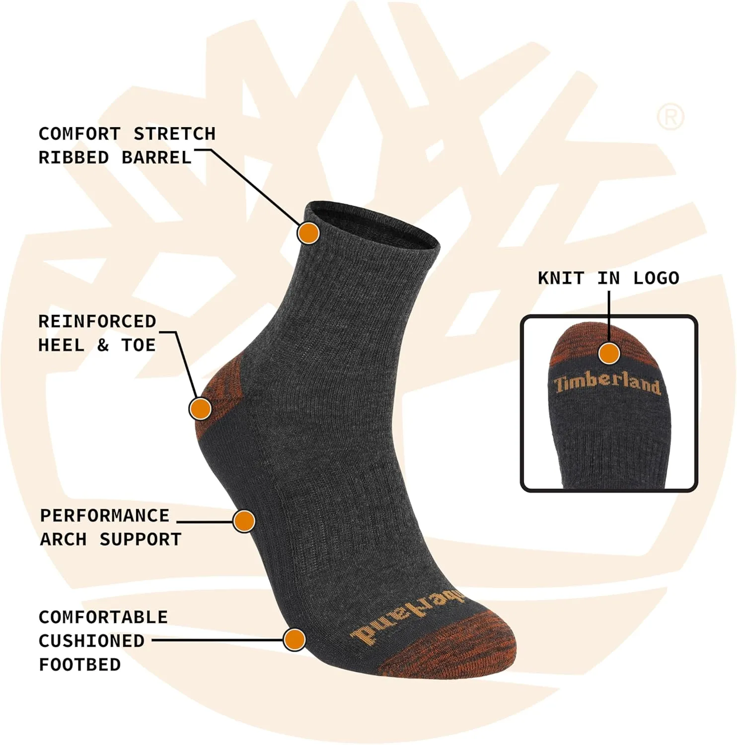 Timberland Men's, Comfort Quarter Socks, Arch Support, Padded Cushion, Moisture Control