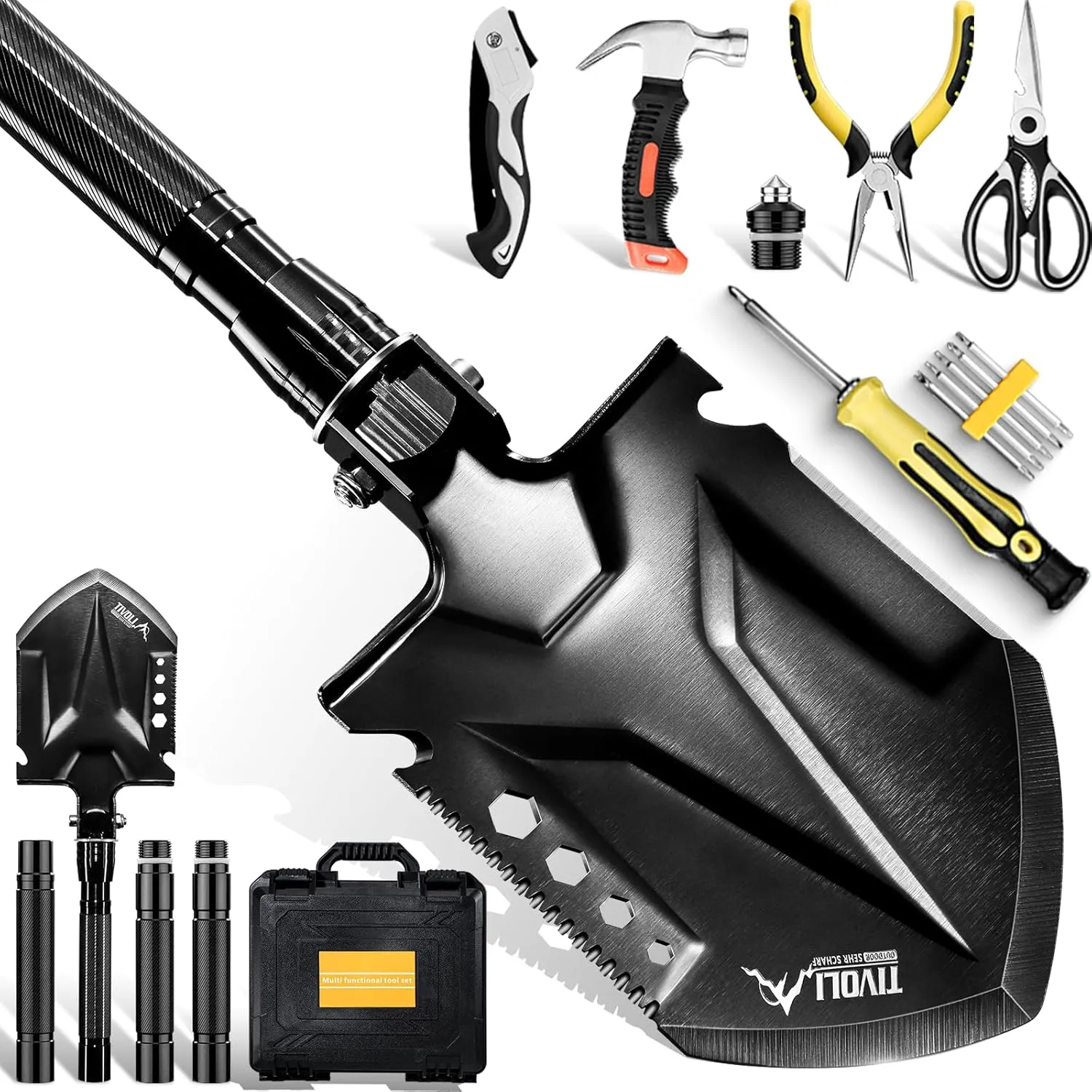 TIVOLI Folding Camping Shovel Kit,Multifunctional Survival Shovel with Manganese Steel for Outdoor Off Road, Camping, Beach,Car Emergency,Home Repair Tool Kit with Storage Case,Ideal Gift