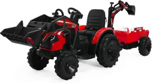 TLSUNNY 3 in 1 Ride on Tractor Excavator Bulldozer, 24V Kid Electric Vehicle w/Trailer, Shovel Bucket, Digger, Remote Control, LED Lights, EVA Tire, Music & Bluetooth, Toddler Ride on Car (Red)