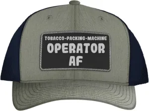 Tobacco-Packing-Machine Operator AF - Leather Black Patch Engraved Trucker Hat