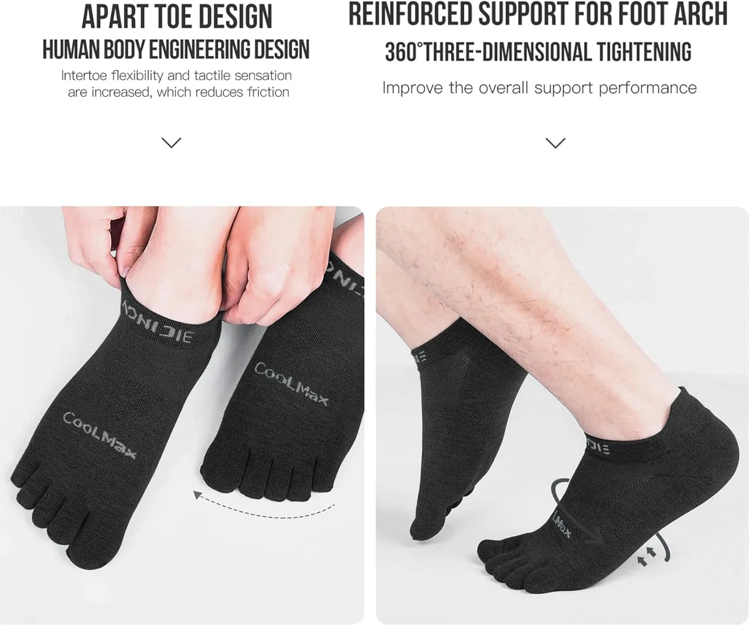 Toe Socks for Men Women Cool-max Running Socks 3 Pairs Athletic Breathable Five Finger Socks