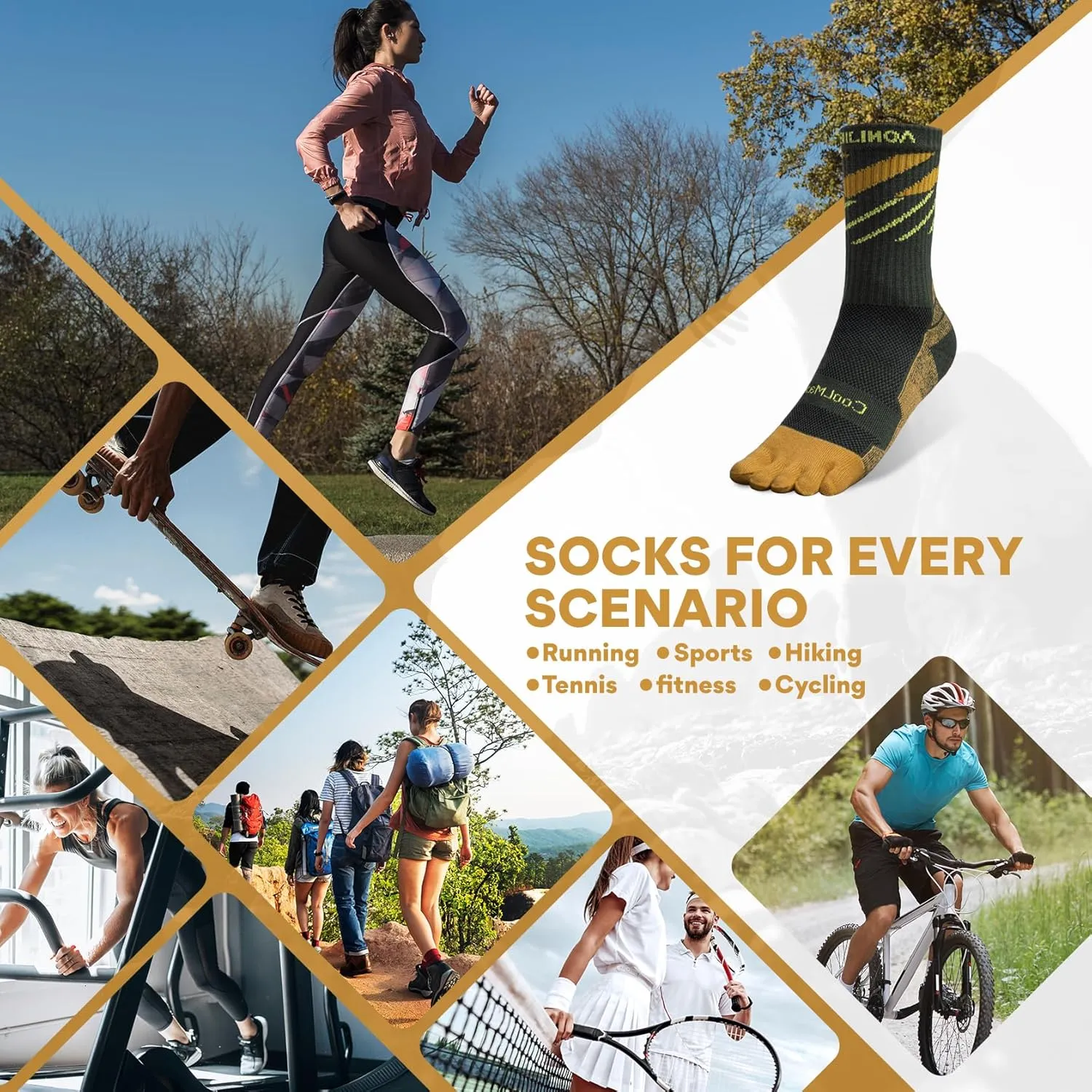 Toe socks Running Athletic Anti-Blister Wicking Coolmax Five Finger Crew Socks Seamless Anti-odor