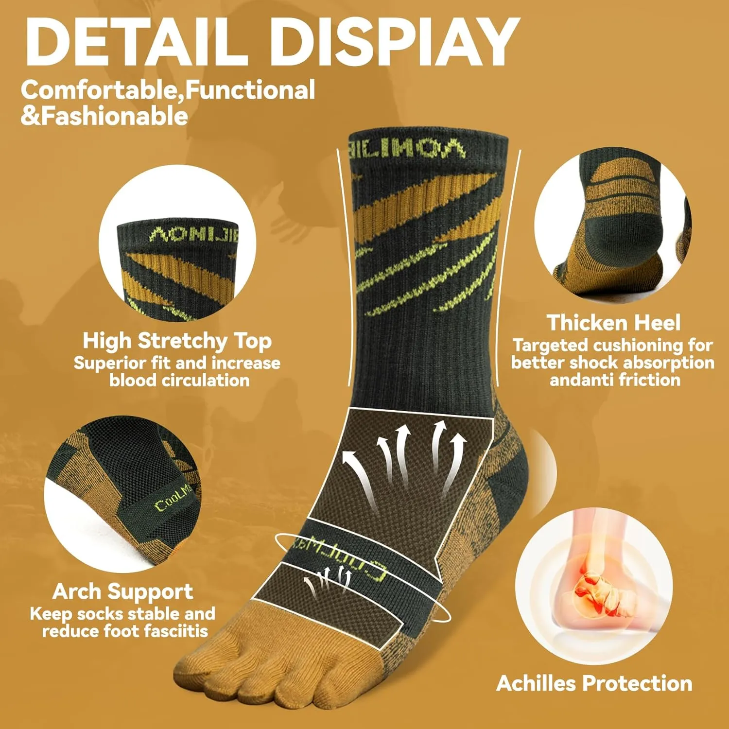 Toe socks Running Athletic Anti-Blister Wicking Coolmax Five Finger Crew Socks Seamless Anti-odor