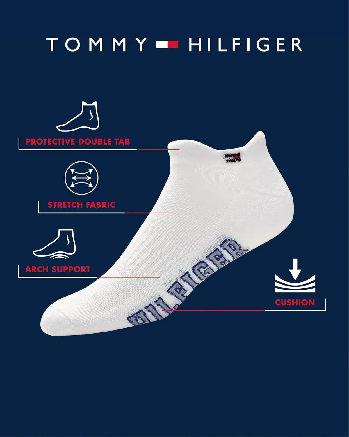 Tommy Hilfiger Mens No Show Socks - 6 Pack Performance Cushion Arch Support Low Cut Tab Ankle Socks for Men (Shoe Size 7-12)