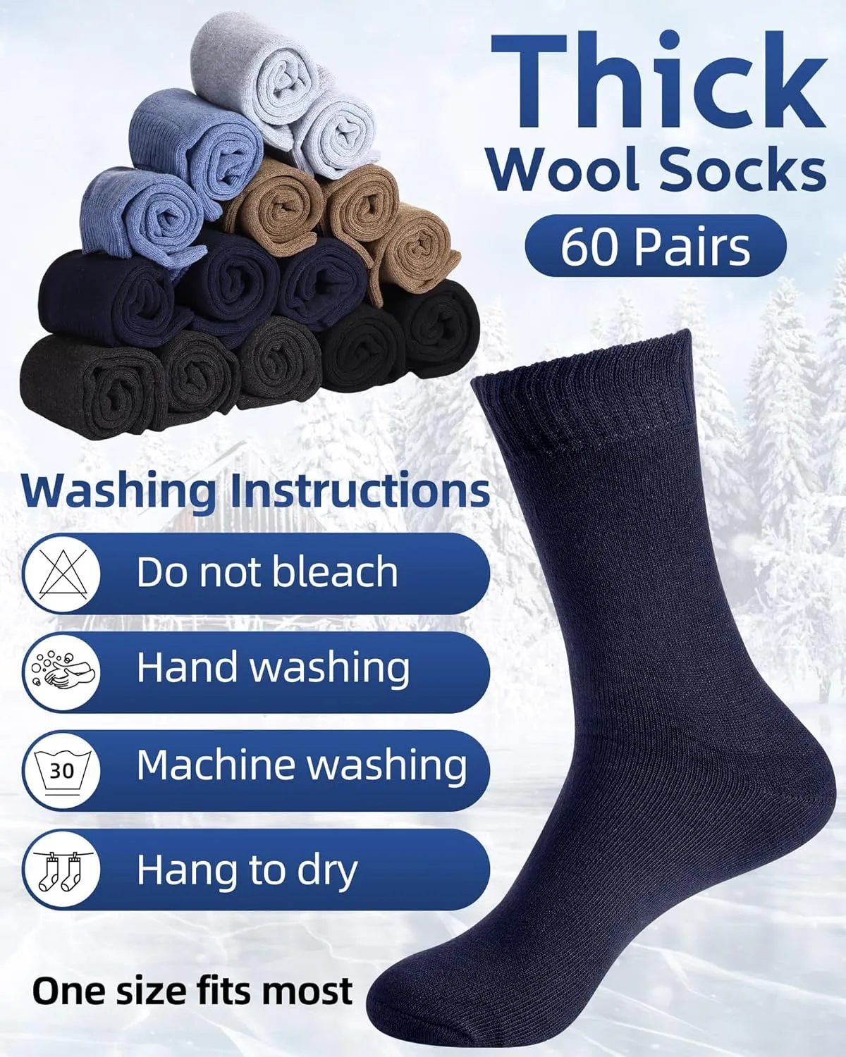 Toulite 60 Pairs Men Thermal Winter Socks Bulk Warm Thick Cozy Boot Socks for Winter Hiking Men Women Homeless Care