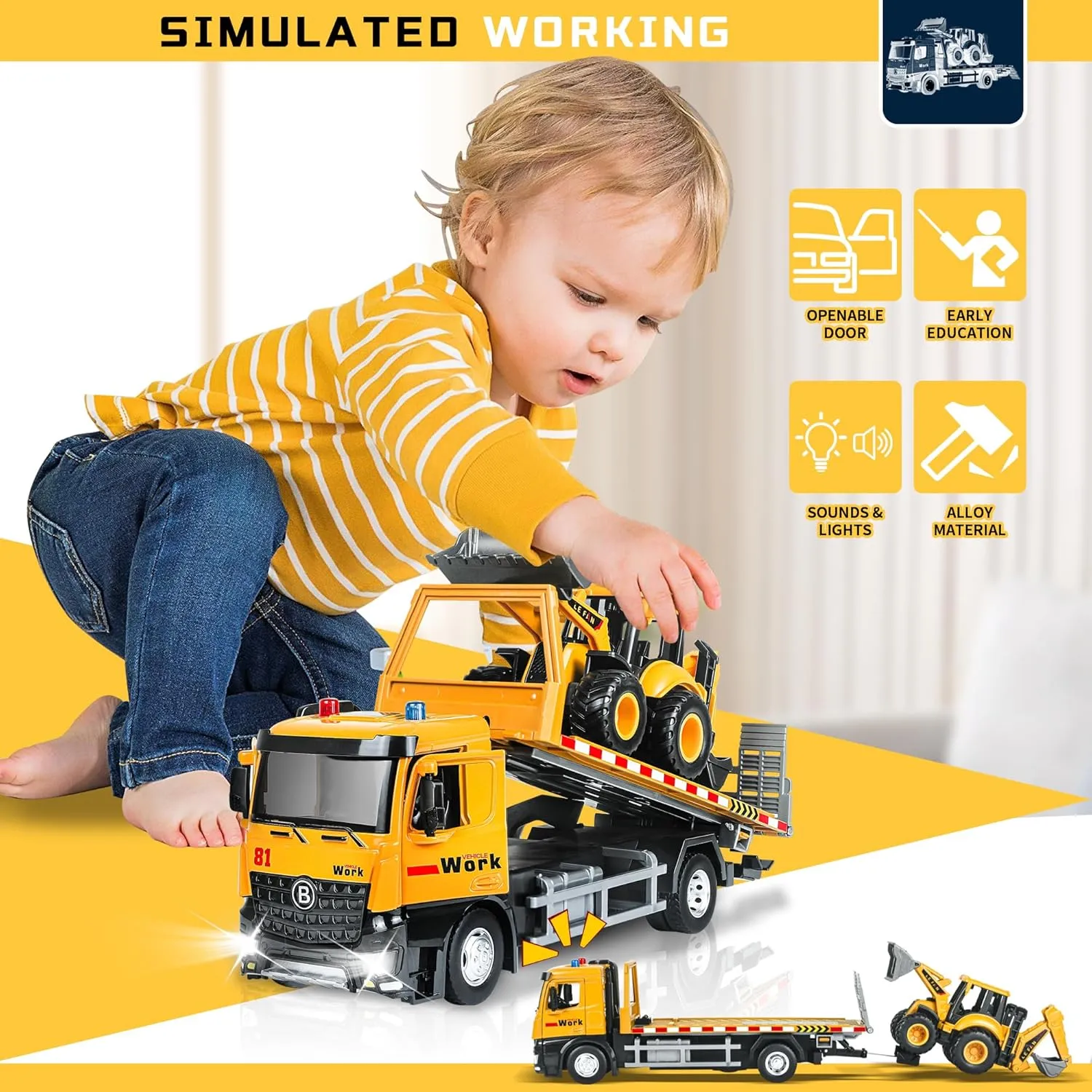 Tow Truck Toy Metal Cab, Flatbed Construction Vehicles Toys with Backhoe Loader, Friction Powered Transport Trailers with Lights, Sounds, Kids Birthday for Over 3 Years Old Boys