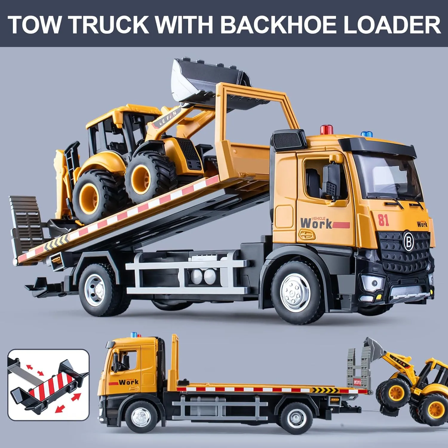 Tow Truck Toy Metal Cab, Flatbed Tow Truck Toys for Boys with Backhoe Loader, Friction Powered Transport Trailers with Lights and Siren Sounds, Construction Vehicles for Kids 12.5"