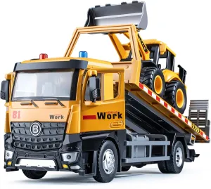 Tow Truck Toy Metal Cab, Flatbed Tow Truck Toys for Boys with Backhoe Loader, Friction Powered Transport Trailers with Lights and Siren Sounds, Construction Vehicles for Kids 12.5"