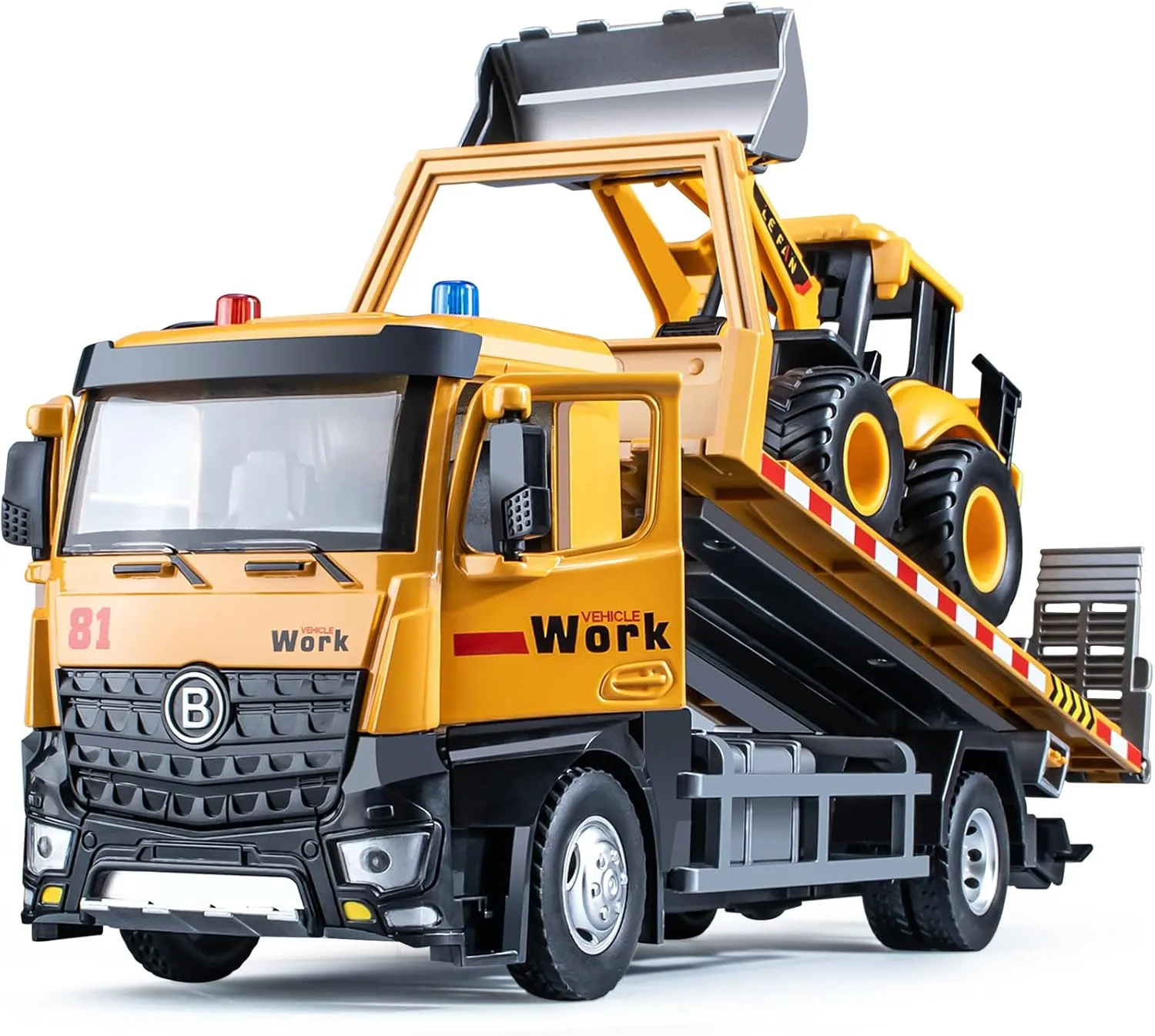 Tow Truck Toy Metal Cab, Flatbed Tow Truck Toys for Boys with Backhoe Loader, Friction Powered Transport Trailers with Lights and Siren Sounds, Construction Vehicles for Kids 12.5"