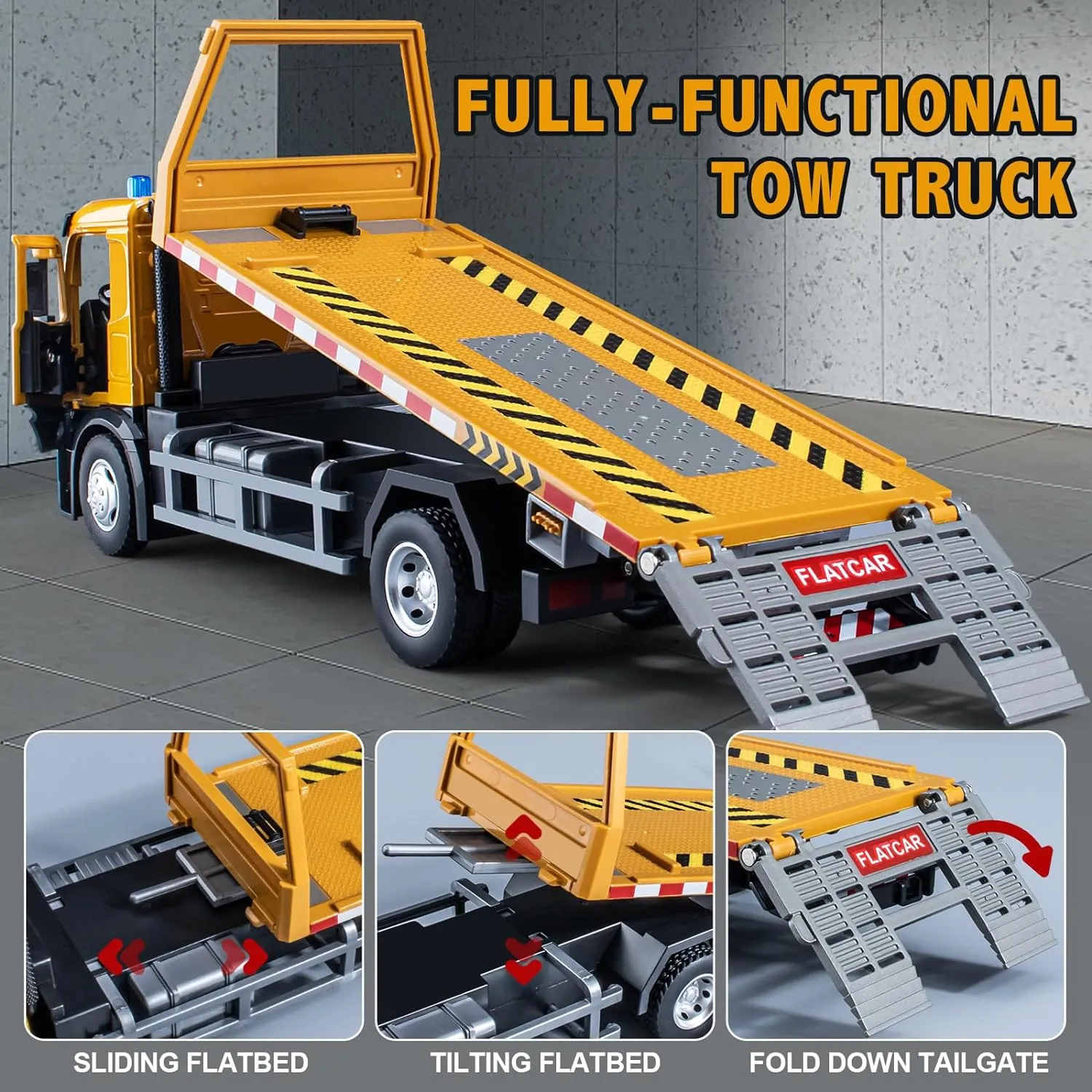 Tow Truck Toy Metal Cab, Flatbed Tow Truck Toys for Boys with Backhoe Loader, Friction Powered Transport Trailers with Lights and Siren Sounds, Construction Vehicles for Kids 12.5"