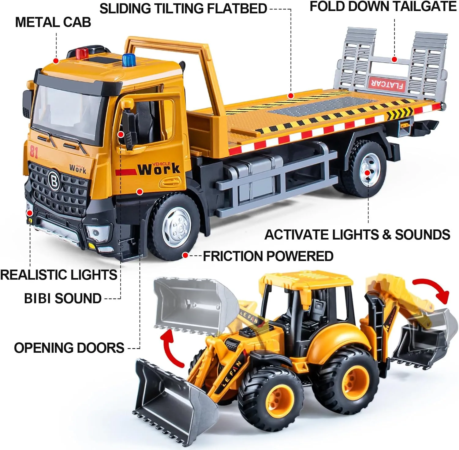 Tow Truck Toy Metal Cab, Flatbed Tow Truck Toys for Boys with Backhoe Loader, Friction Powered Transport Trailers with Lights and Siren Sounds, Construction Vehicles for Kids 12.5"
