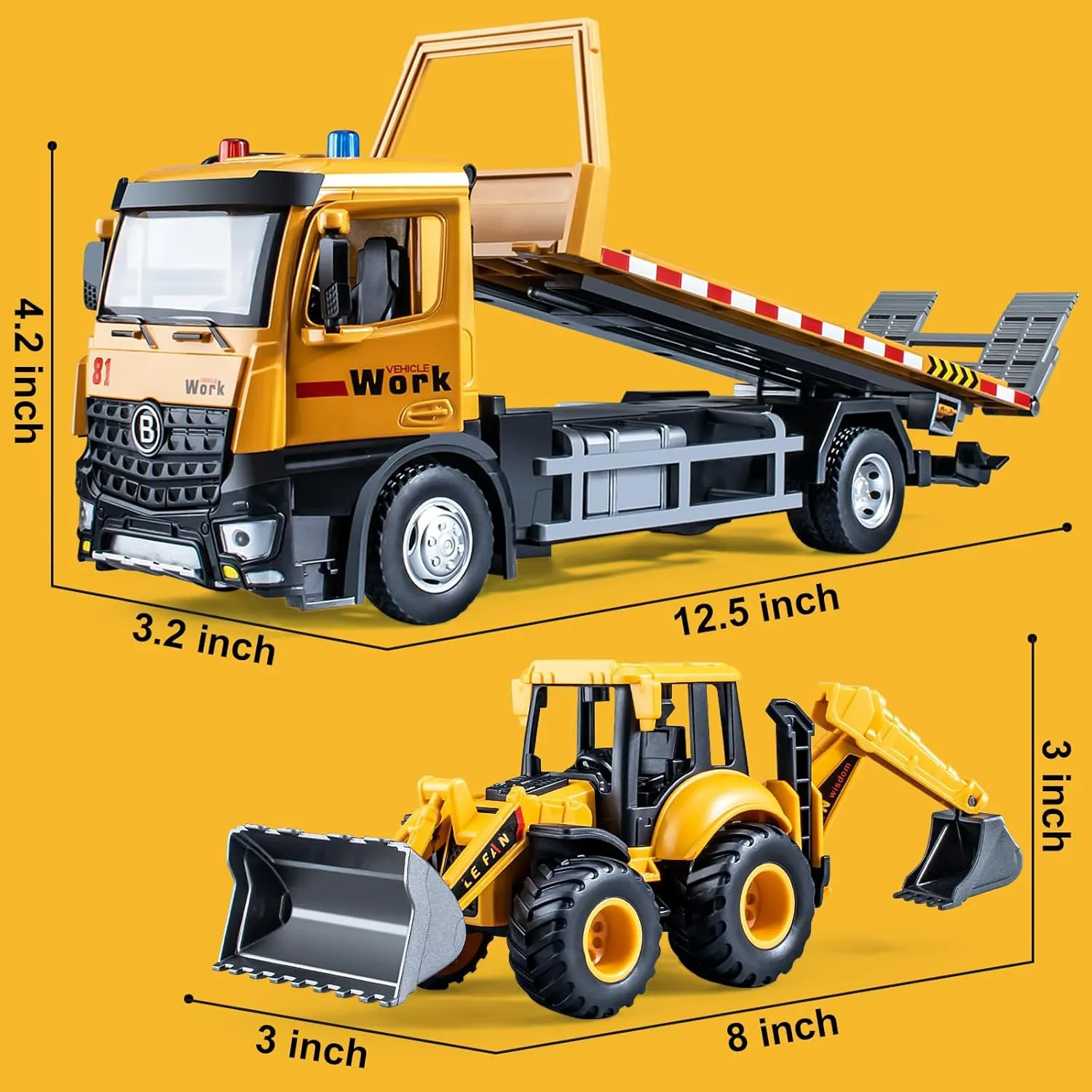 Tow Truck Toy Metal Cab, Flatbed Tow Truck Toys for Boys with Backhoe Loader, Friction Powered Transport Trailers with Lights and Siren Sounds, Construction Vehicles for Kids 12.5"