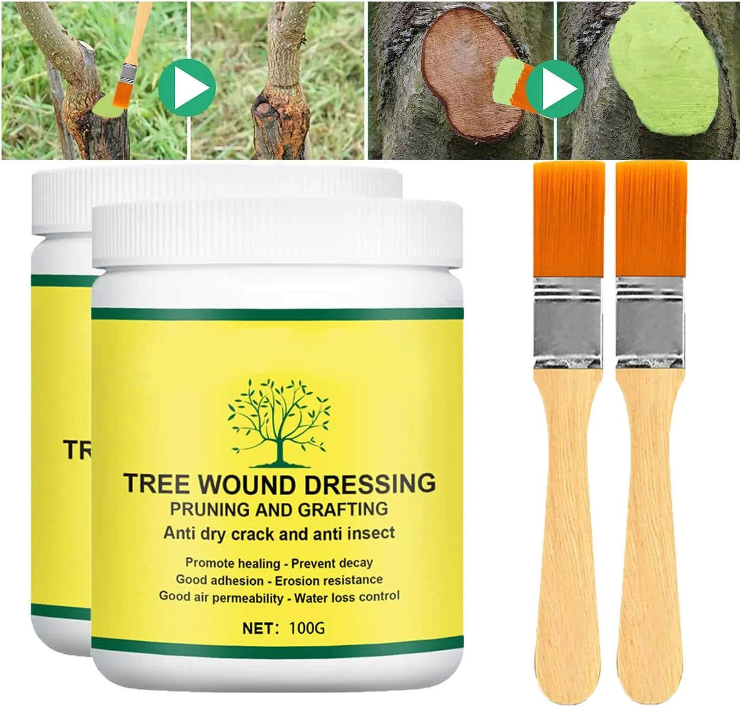 Tree Wound Sealer, Tree Pruning Sealer, Tree Grafting Supplies, Tree Wound Sealer Healing Paste, Bonsai Cut Paste, Pruning Sealer And Tree Wound Dressing for Trees, Shrubs, Roses (2Pcs*100g  2*Brush)