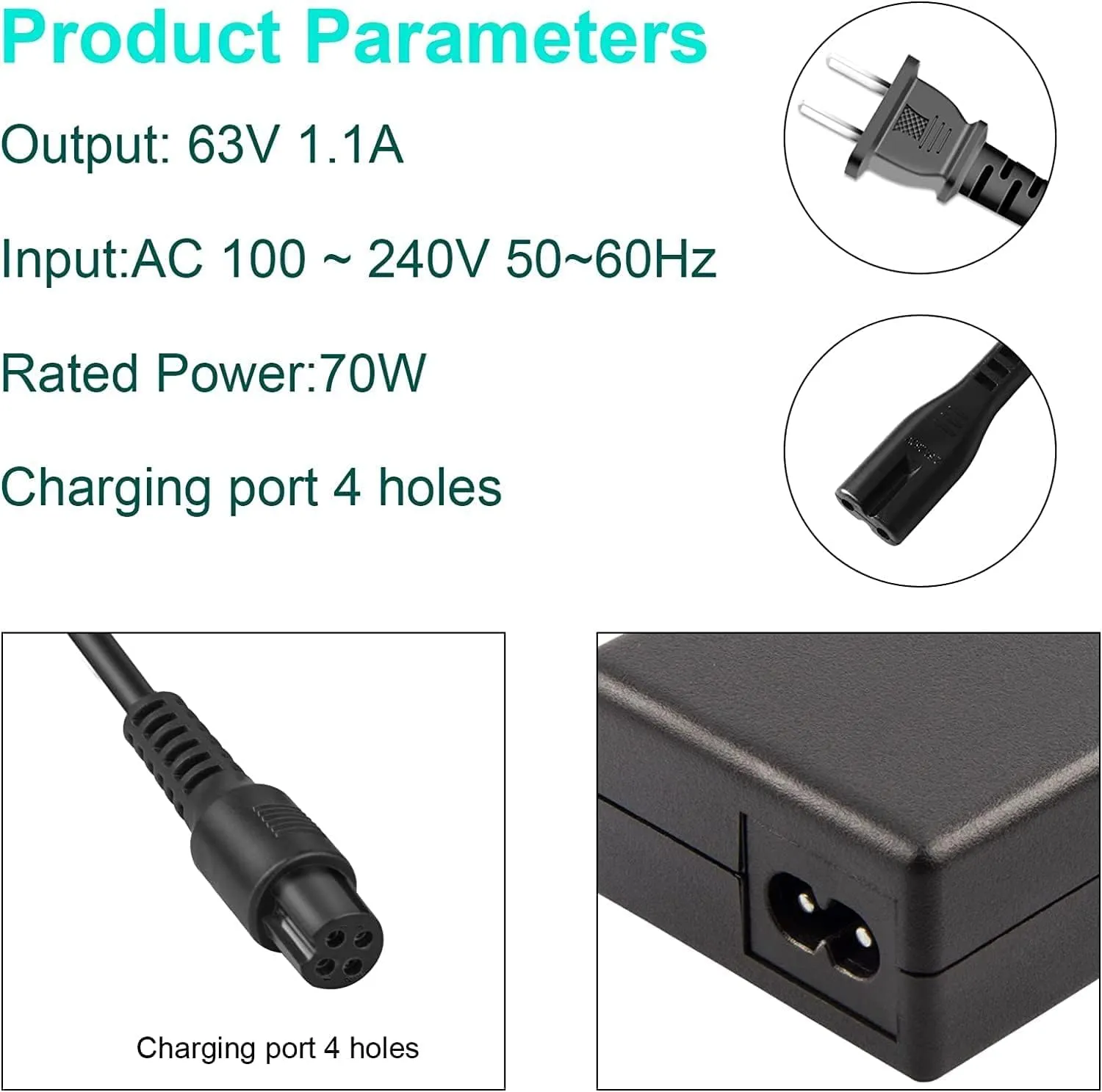 TREE.NB 4-Pin 8mm Scooter Charger for Segway Ninebot S/S-MAX/Mini lite/Mini PRO, 63V 1.1A Adapter Compatible with Ninebot, 4 Pong Connector Replacement