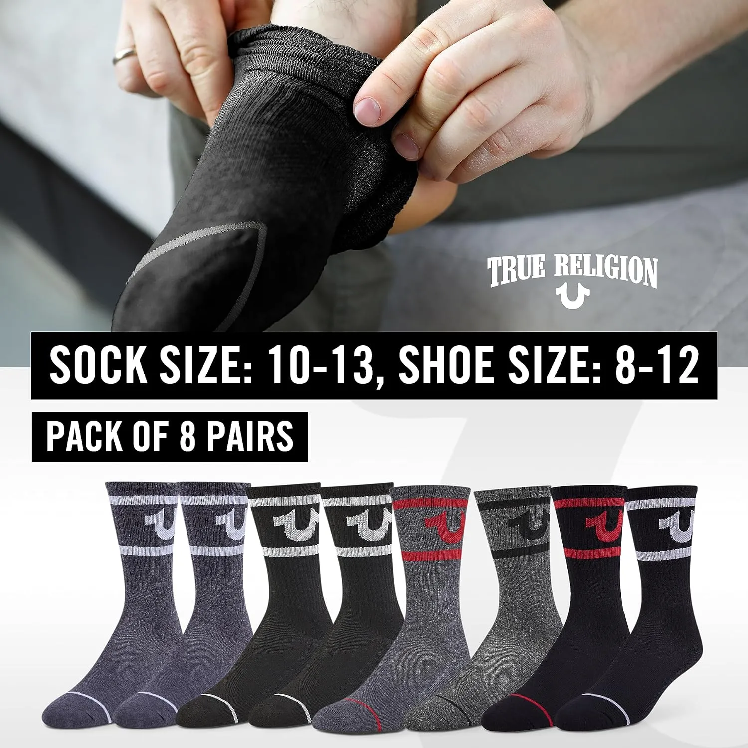 True Religion Mens Socks 8 Pairs Crew Socks for Men Premium Athletic Men's Socks, Shoe Size 8-12