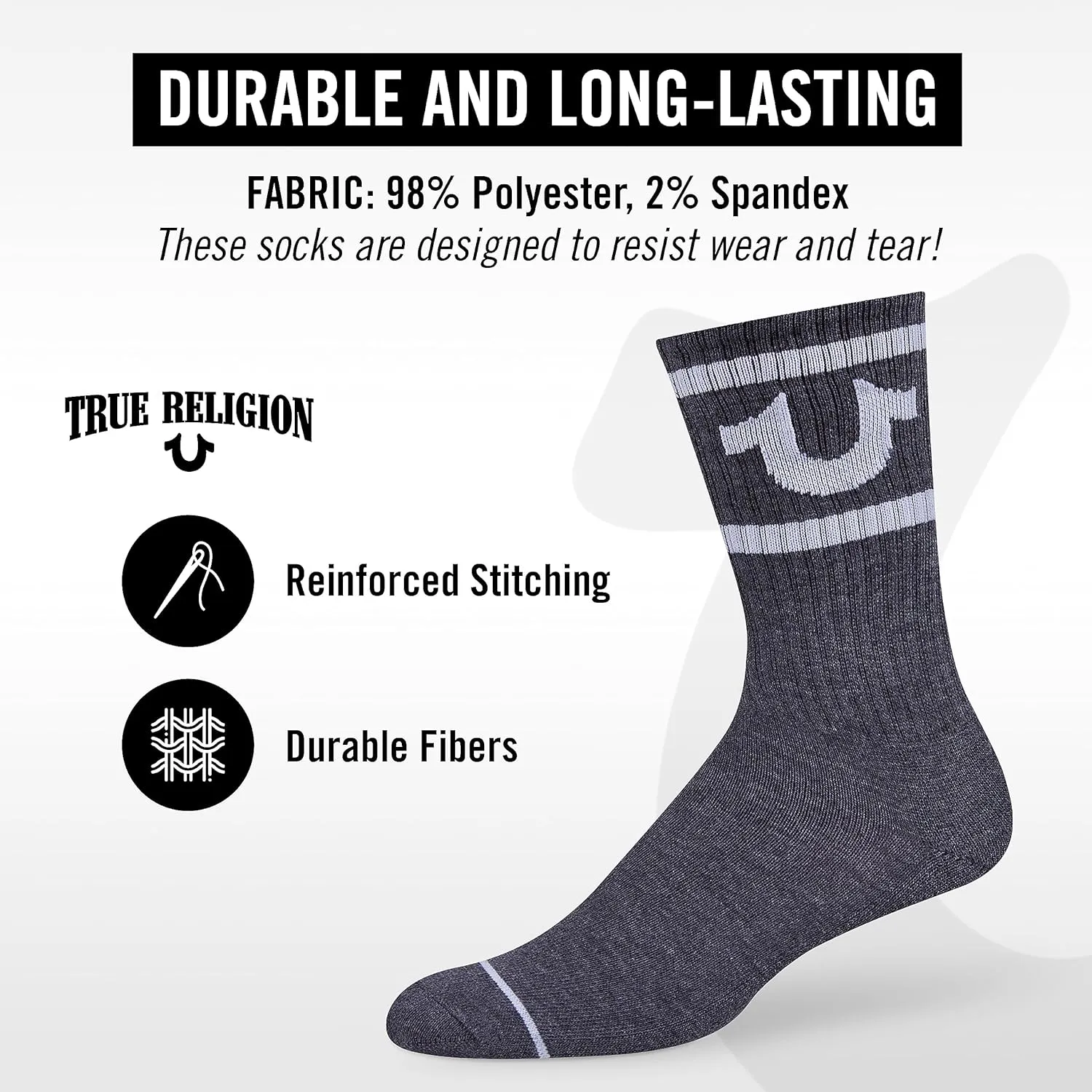 True Religion Mens Socks 8 Pairs Crew Socks for Men Premium Athletic Men's Socks, Shoe Size 8-12