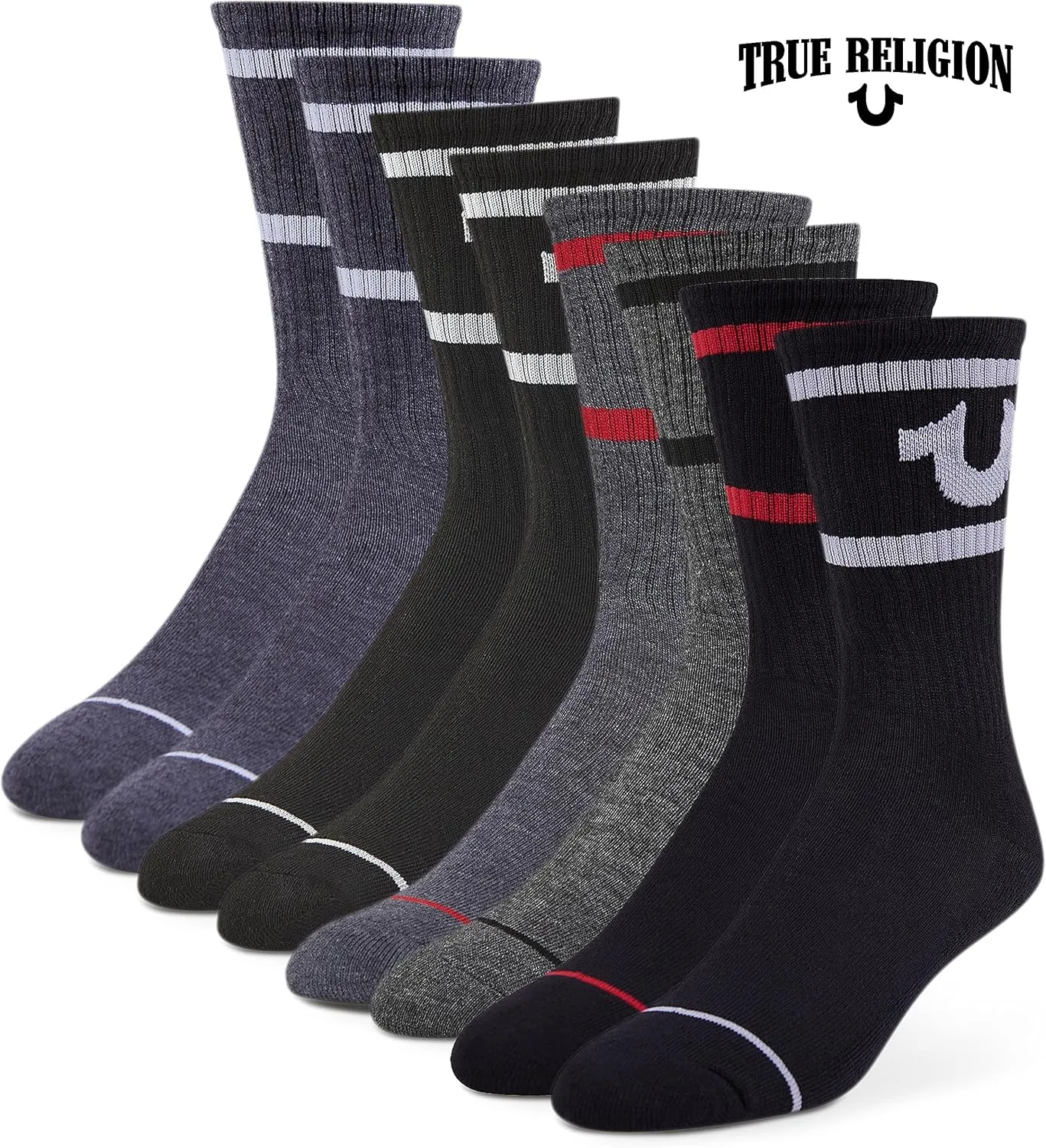 True Religion Mens Socks 8 Pairs Crew Socks for Men Premium Athletic Men's Socks, Shoe Size 8-12