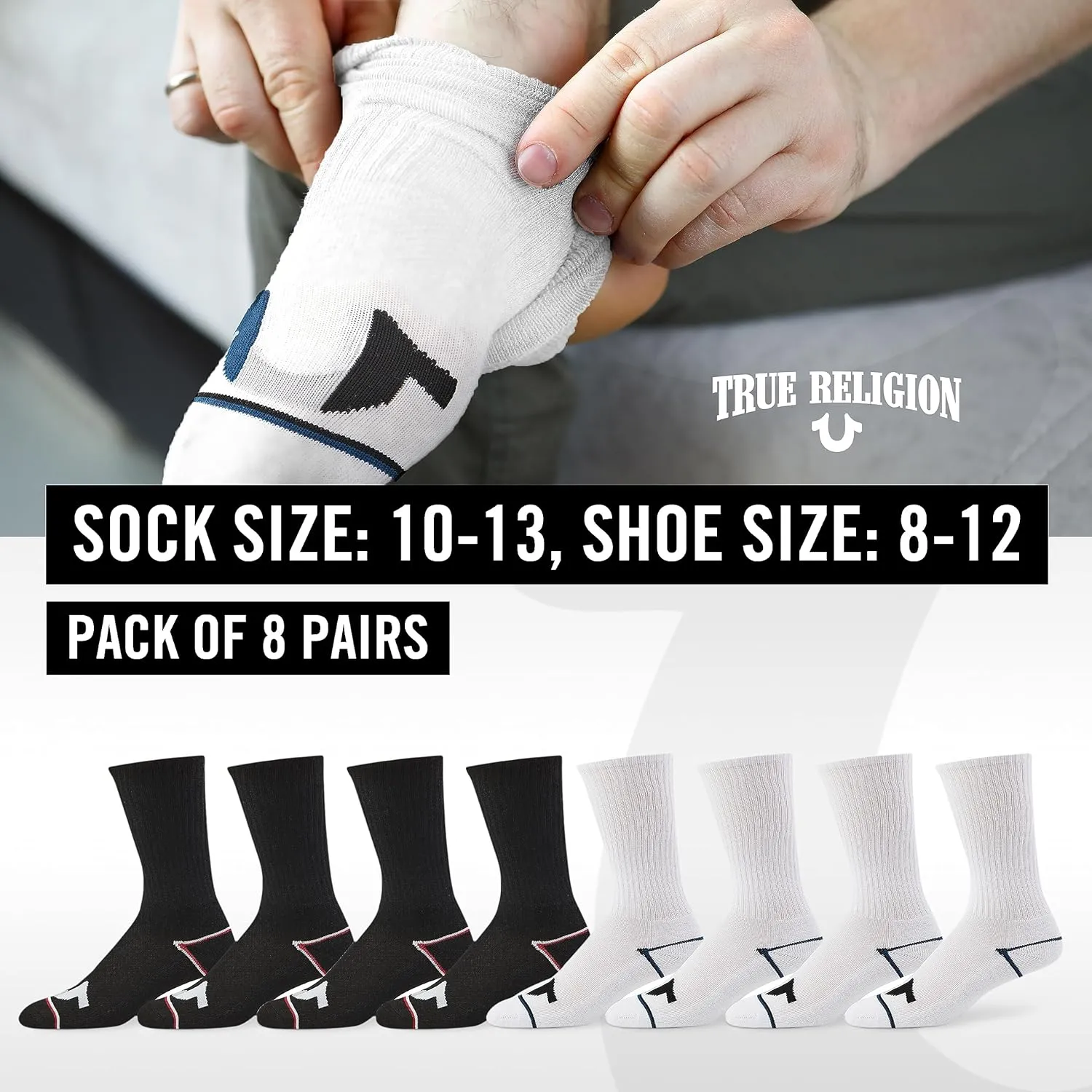 True Religion Mens Socks 8 Pairs Crew Socks for Men Premium Athletic Men's Socks, Shoe Size 8-12