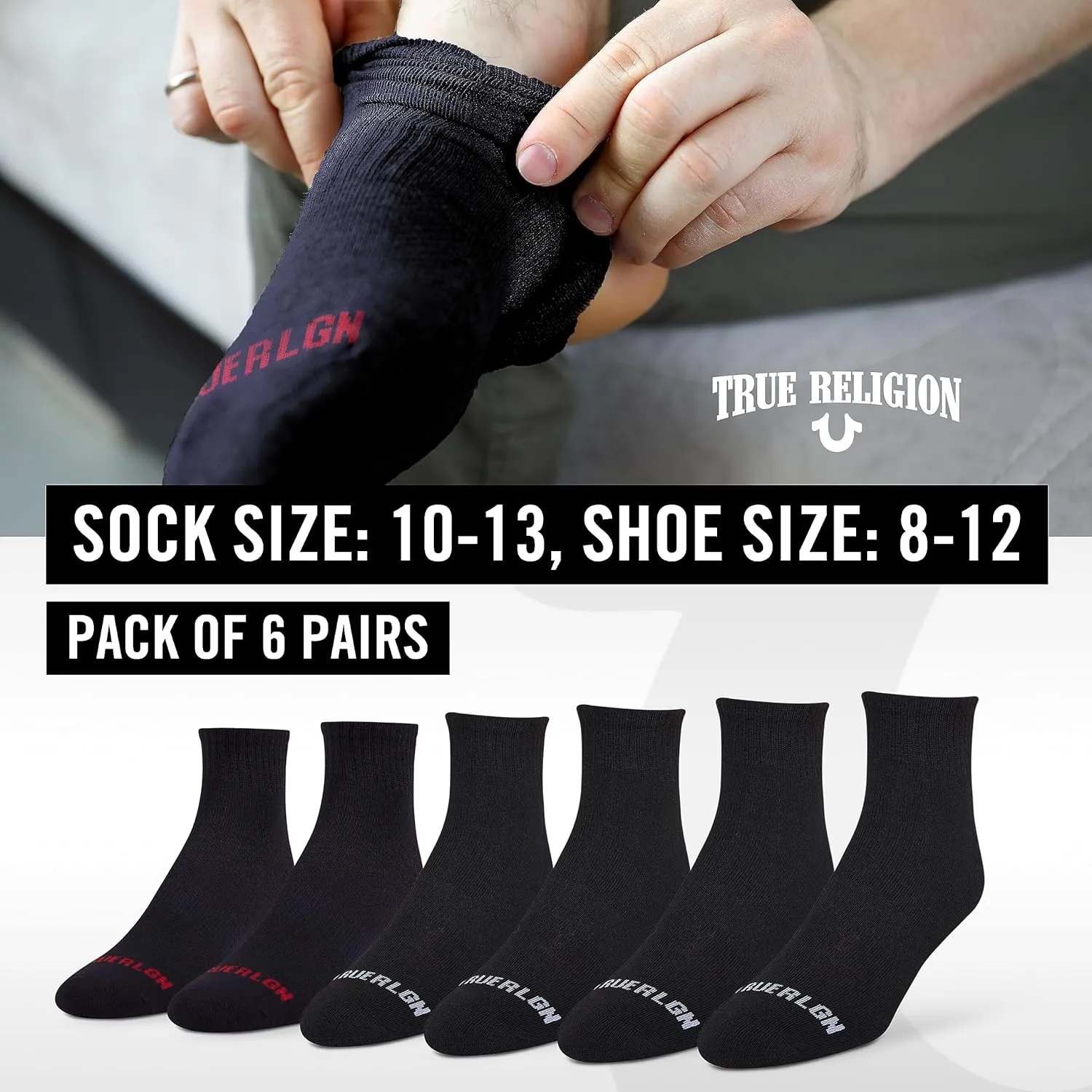 True Religion Mens Socks Ankle Socks for Men 6 & 12 Pairs Quarter Premium Athletic Shoe Size 8-12