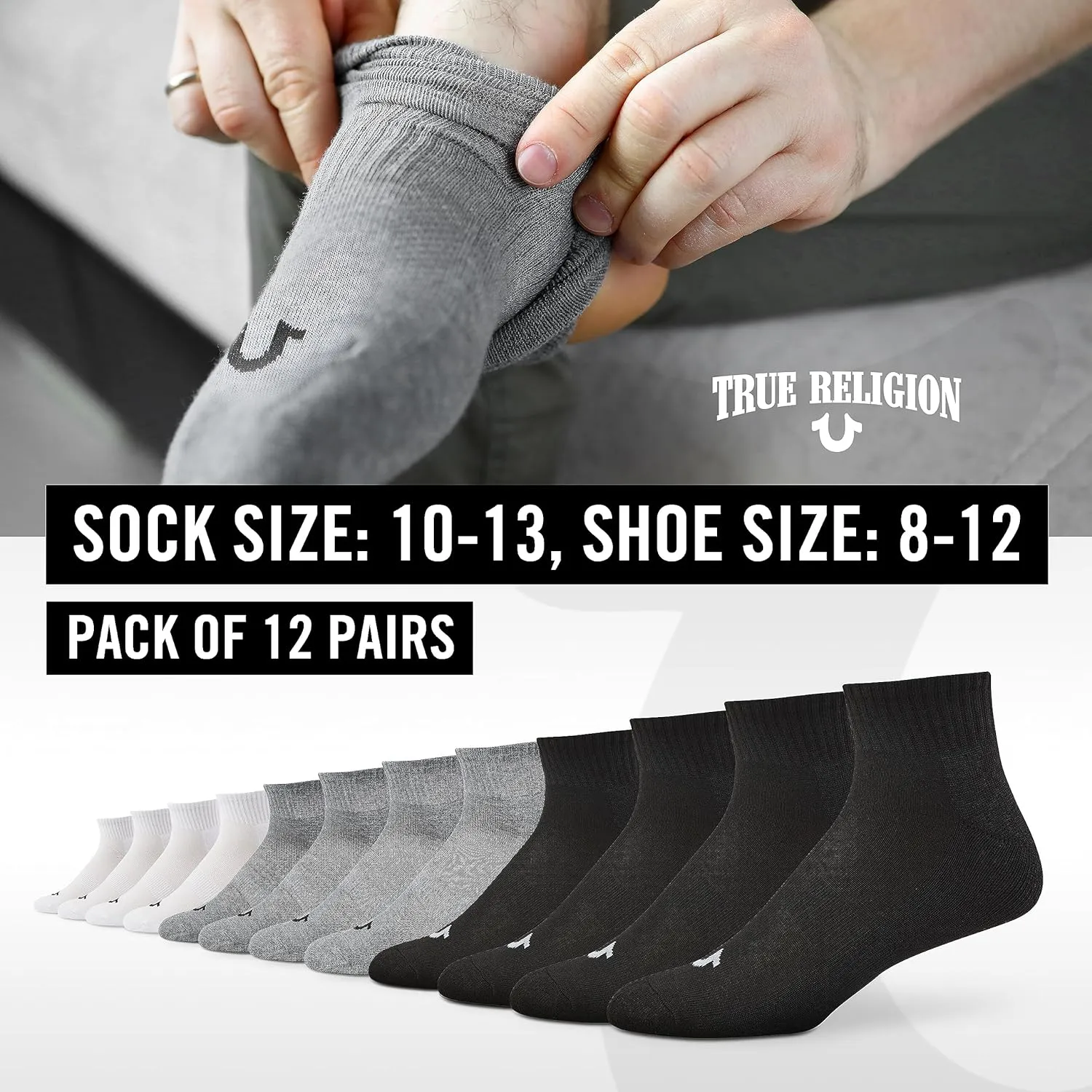 True Religion Mens Socks Ankle Socks for Men 6 & 12 Pairs Quarter Premium Athletic Shoe Size 8-12