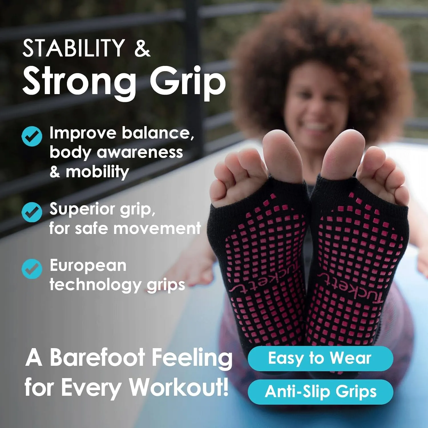 Tucketts Toeless Pilates Socks with Grips for Women, Non-Slip Yoga & Barre Socks for Stability & Barefoot Workouts, Size 5-13